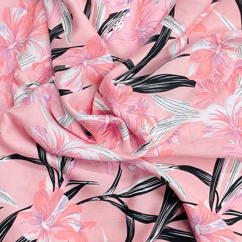 3 Metres, Printed Summer Dressmaking Viscose Fabric - Pink Bamboo