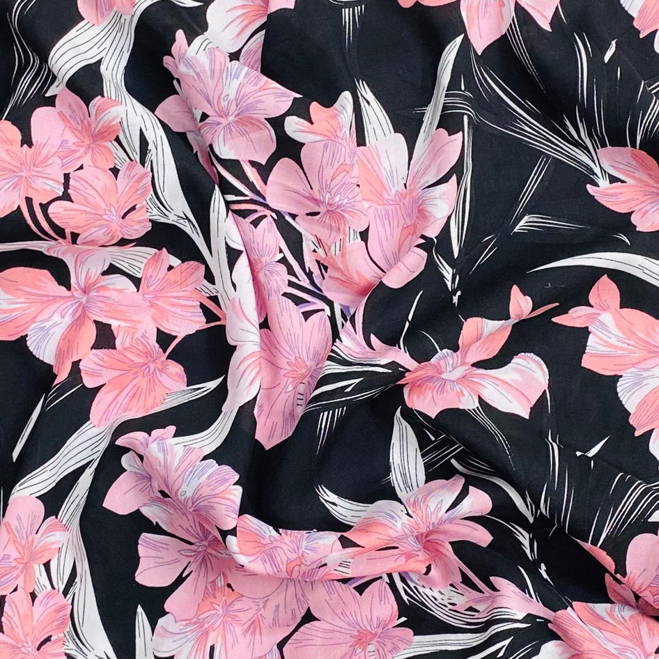3 Metres, Printed Summer Dressmaking Viscose Fabric - Black Bamboo
