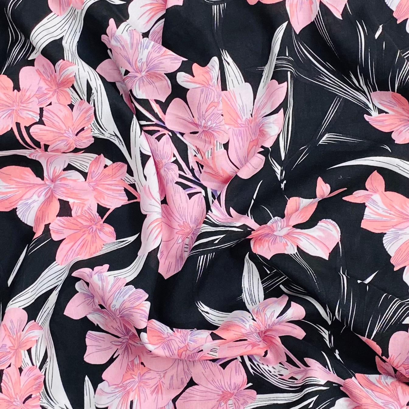 3 Metres, Printed Summer Dressmaking Viscose Fabric - Black Bamboo