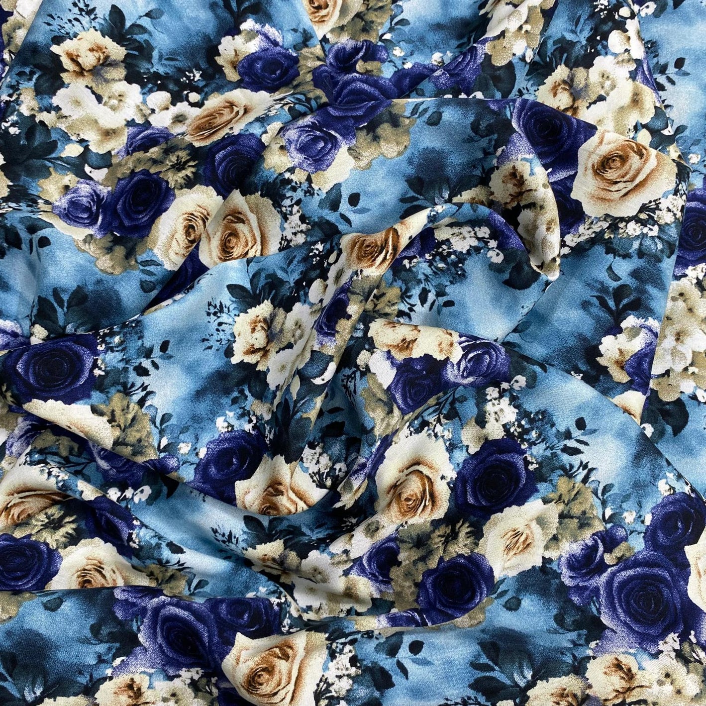 3 Metres, Printed Summer Dressmaking Viscose Fabric - Blue & Beige