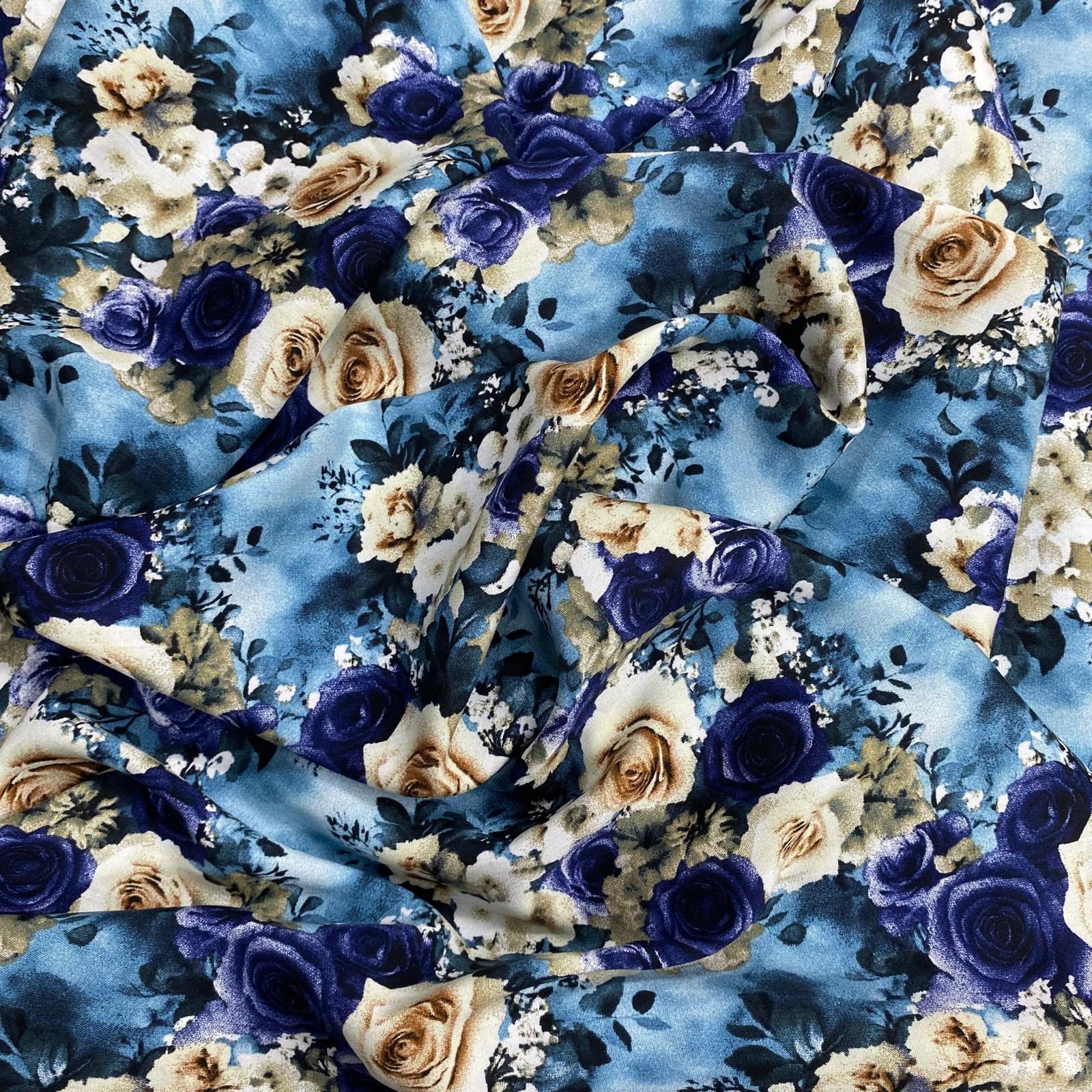 3 Metres, Printed Summer Dressmaking Viscose Fabric - Blue & Beige