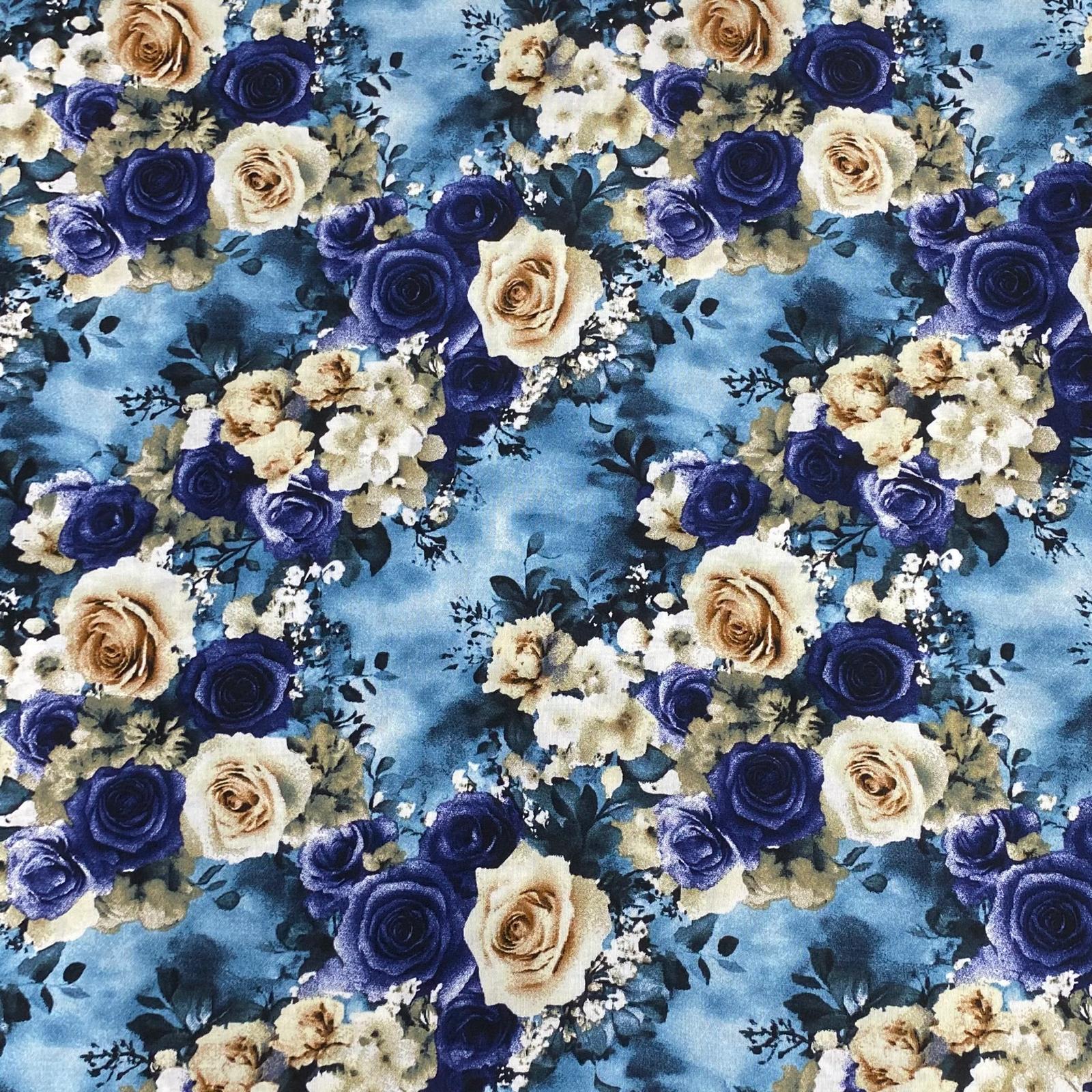 3 Metres, Printed Summer Dressmaking Viscose Fabric - Blue & Beige