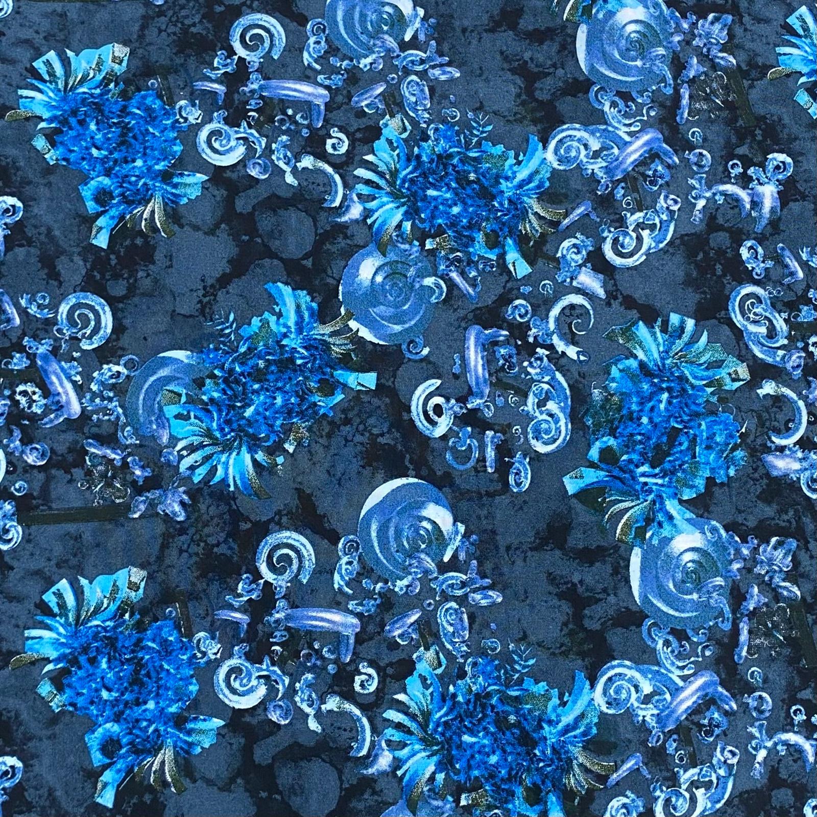 3 Metres, Printed Summer Dressmaking Viscose Fabric - Navy & Blue