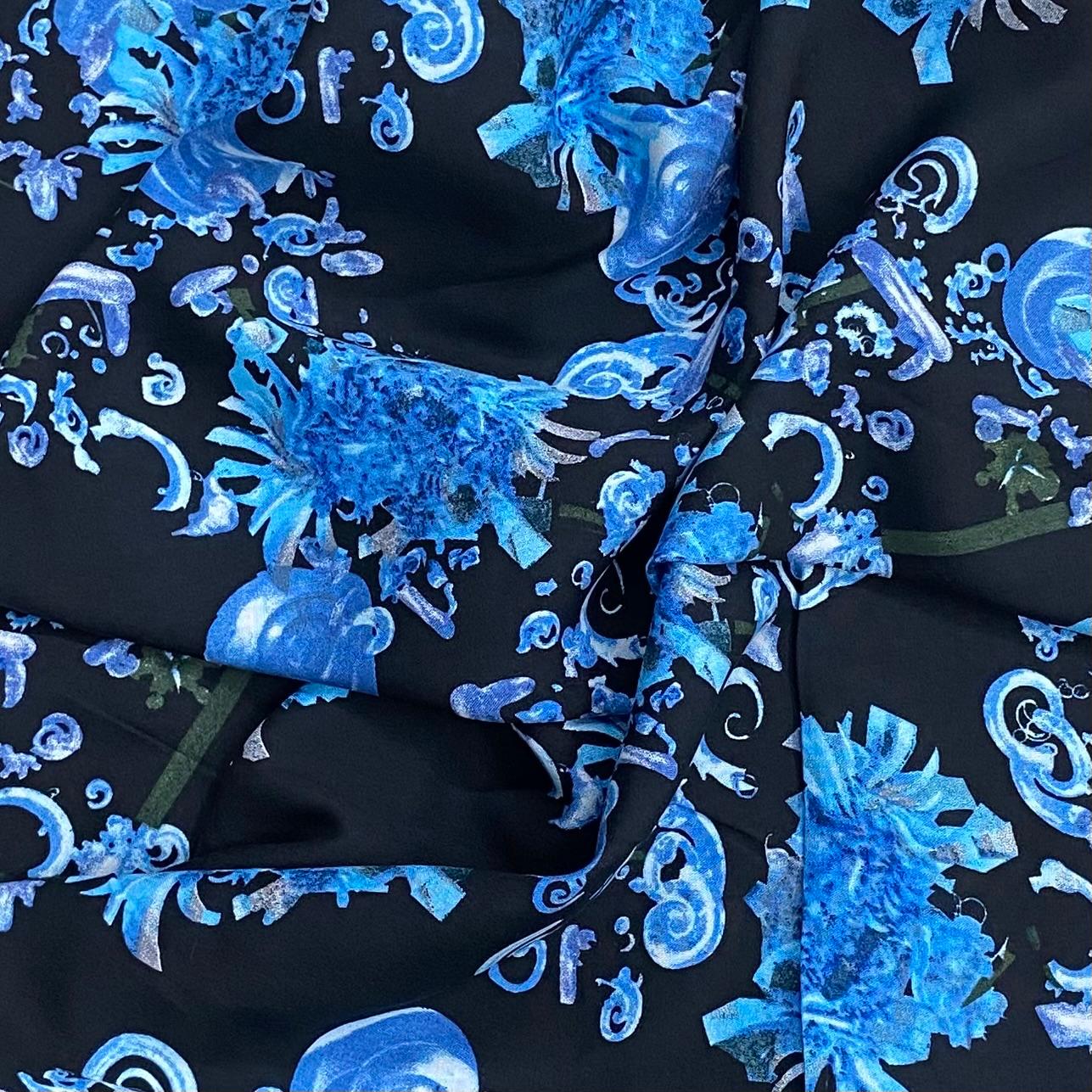 3 Metres, Printed Summer Dressmaking Viscose Fabric - Black & Blue