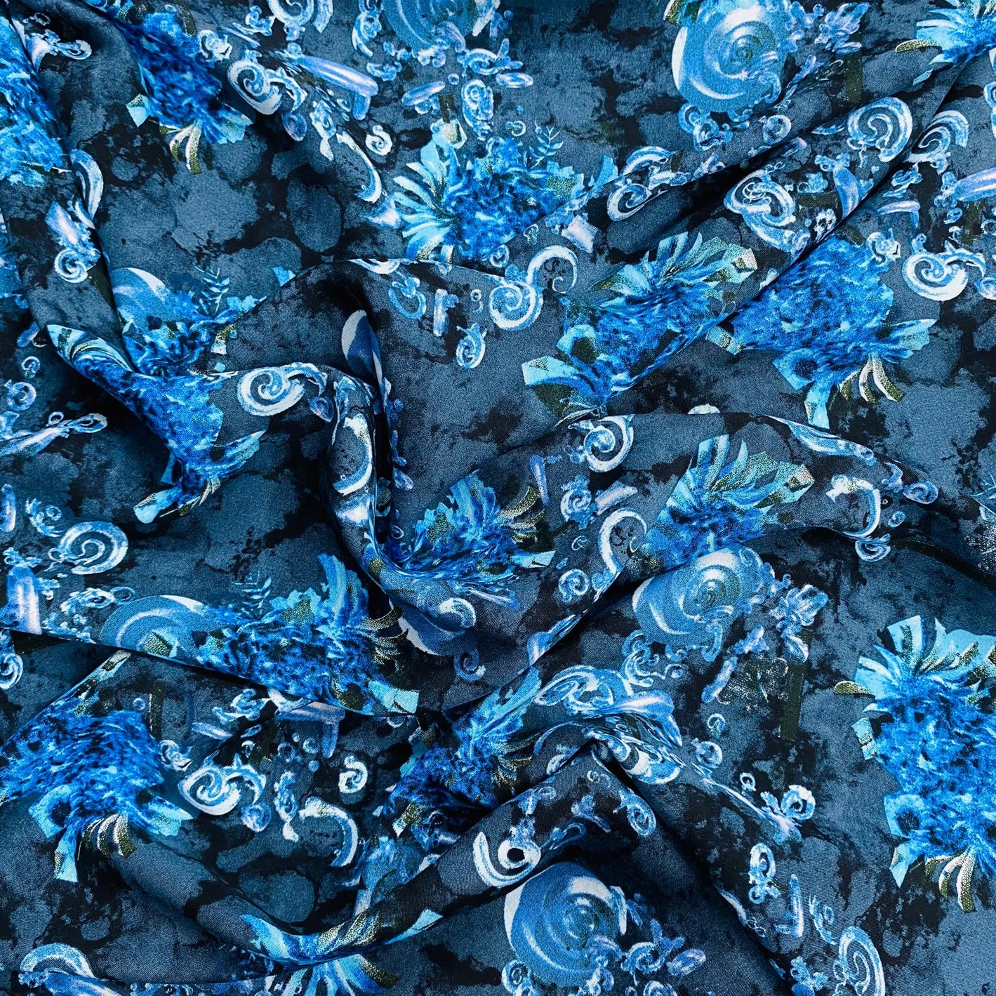 3 Metres, Printed Summer Dressmaking Viscose Fabric - Navy & Blue