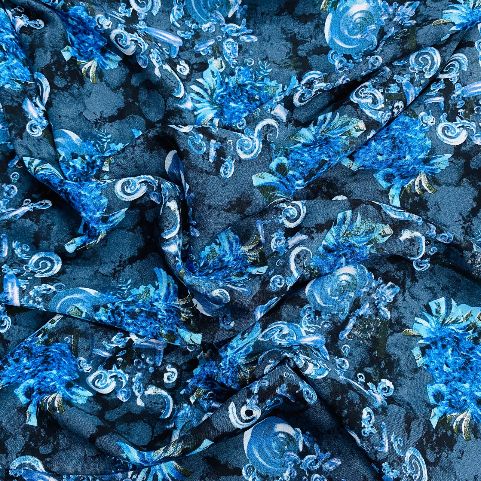 3 Metres, Printed Summer Dressmaking Viscose Fabric - Navy & Blue