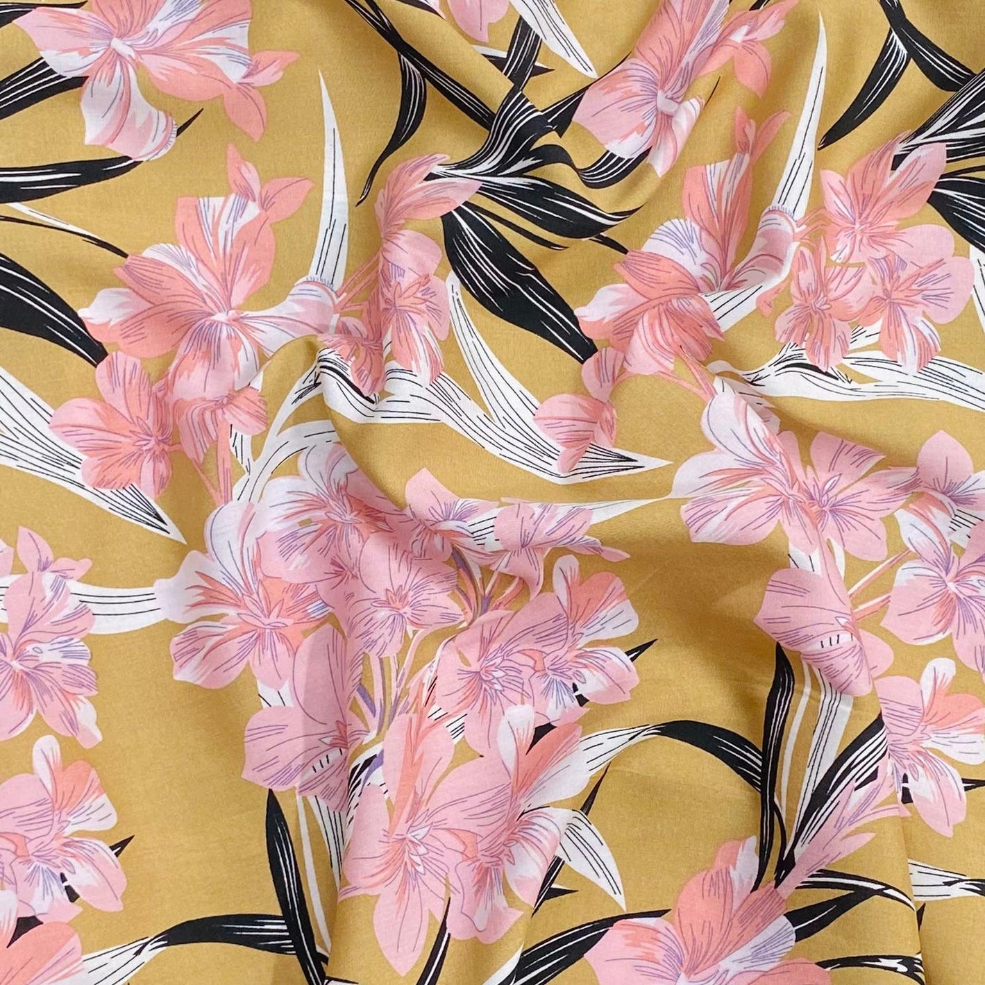 3 Metres, Printed Summer Dressmaking Viscose Fabric - Gold Bamboo