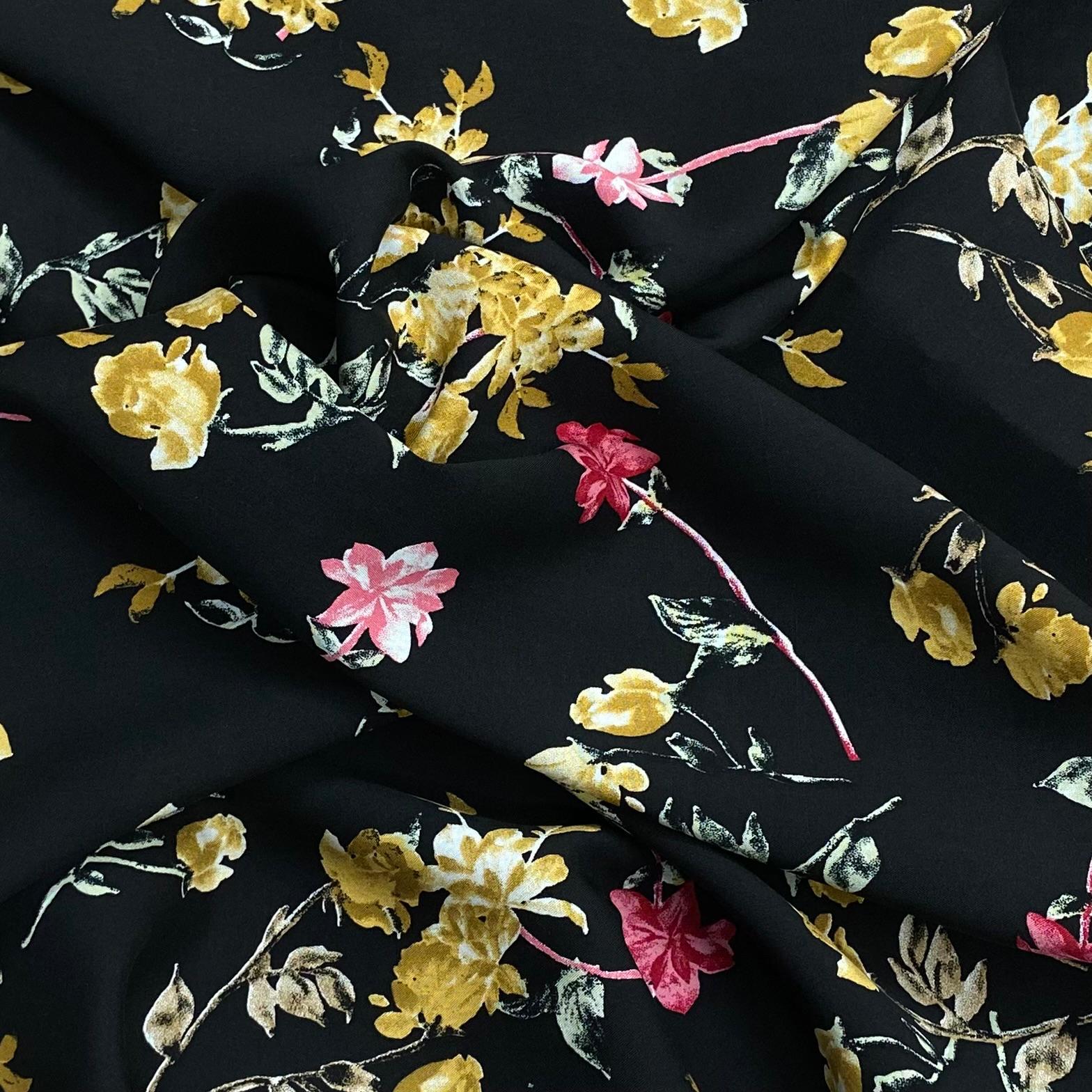 3 Metres, Printed Summer Dressmaking Viscose Fabric - Black