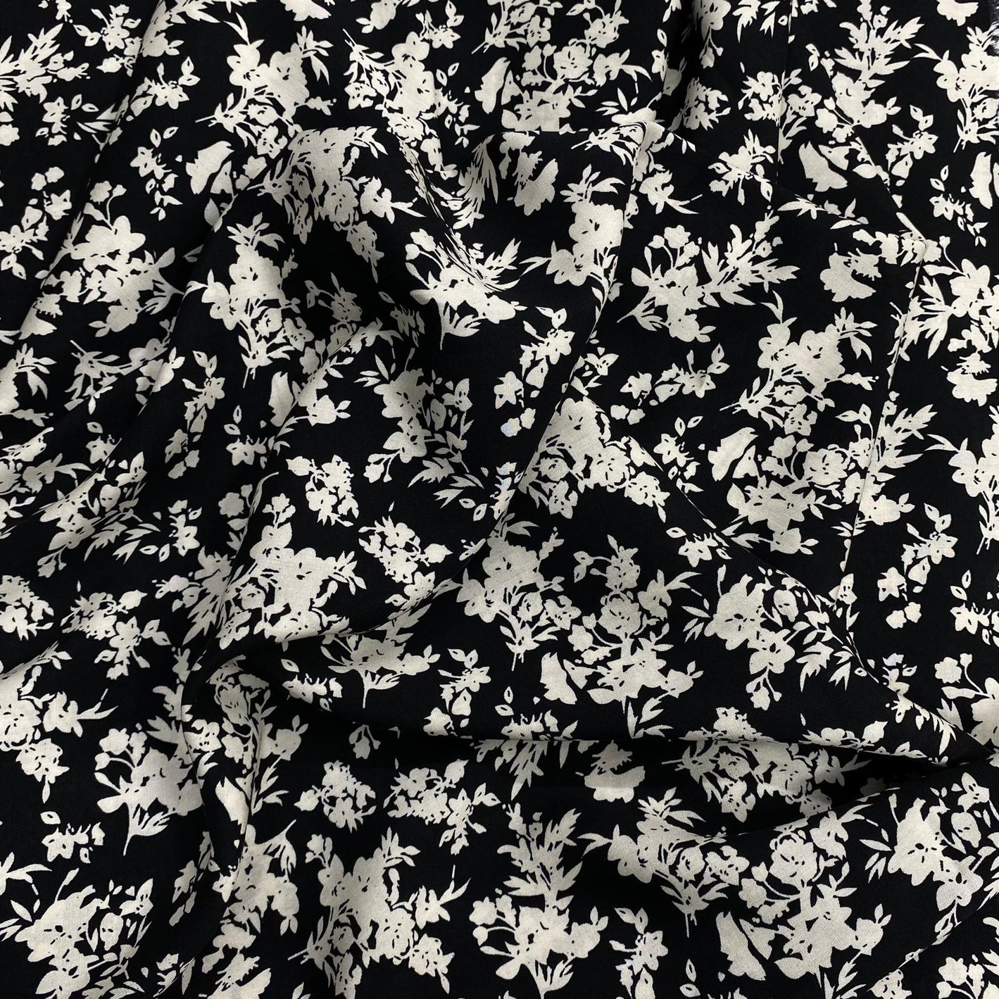 3 Metres, Printed Summer Dressmaking Viscose Fabric - Black Flower