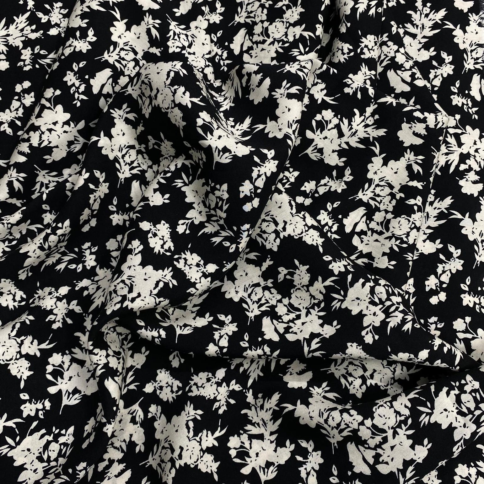 3 Metres, Printed Summer Dressmaking Viscose Fabric - Black Flower