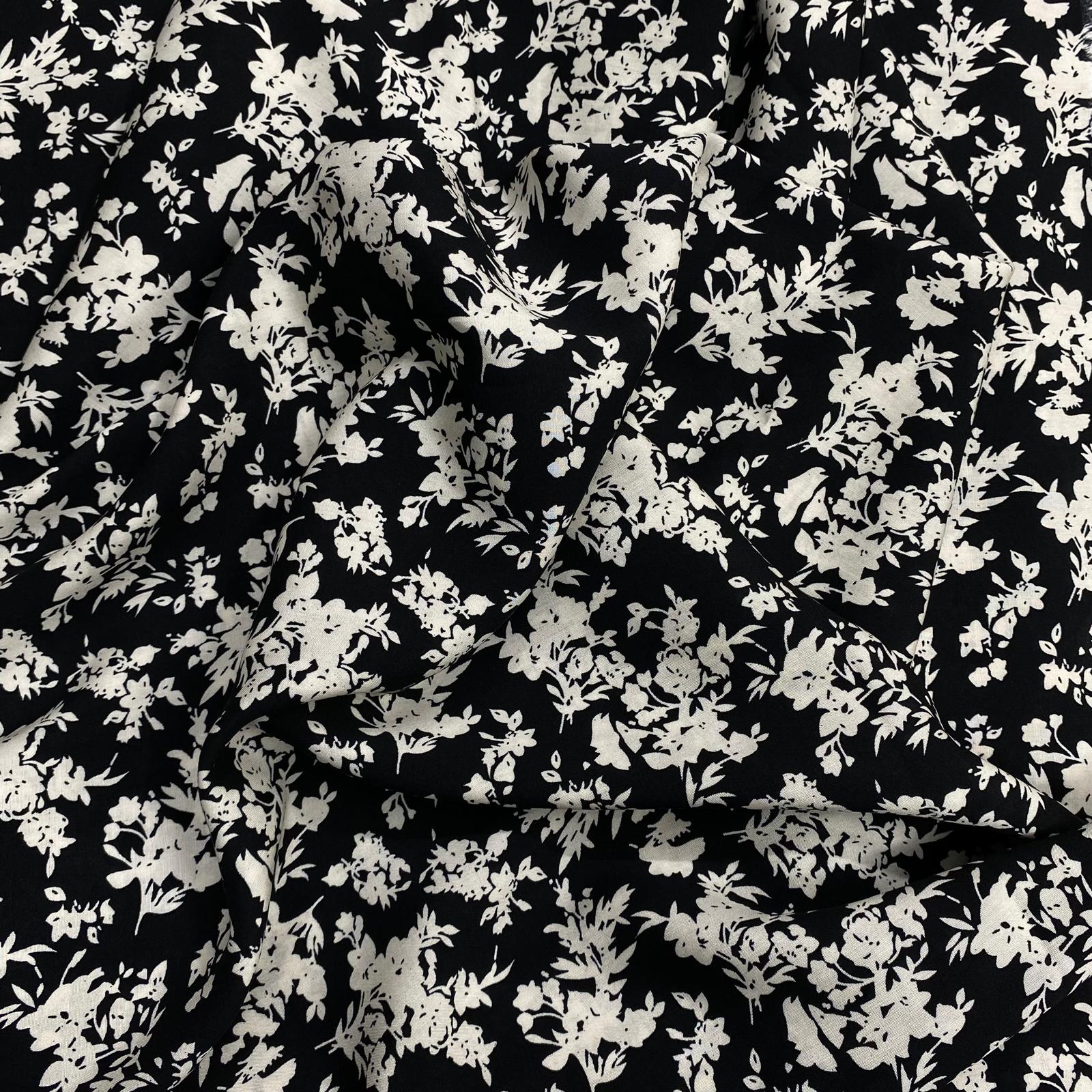 3 Metres, Printed Summer Dressmaking Viscose Fabric - Black Flower
