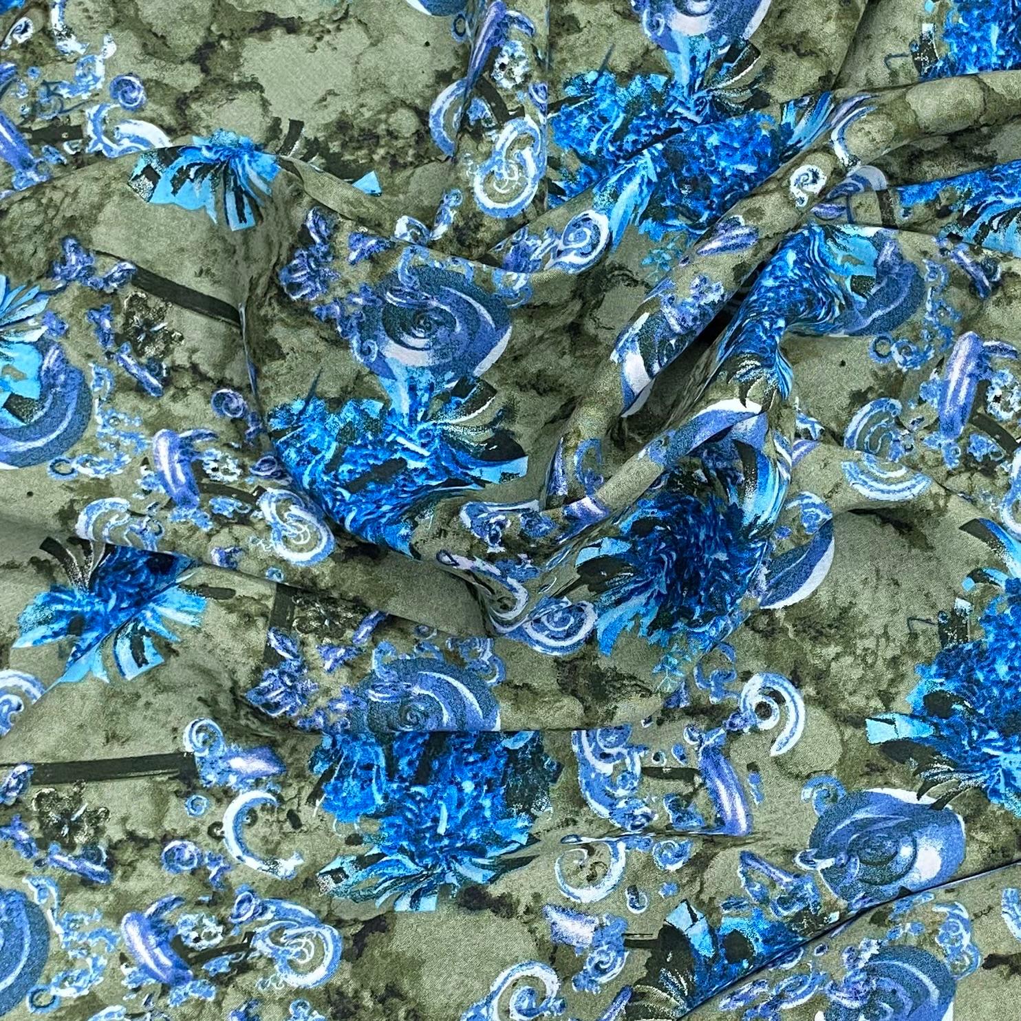 3 Metres, Printed Summer Dressmaking Viscose Fabric - Green & Blue