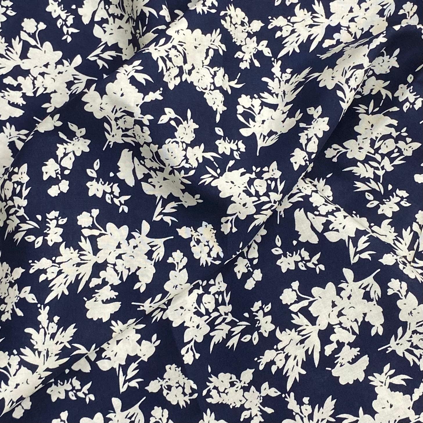 3 Metres, Printed Summer Dressmaking Viscose Fabric - Navy Flower