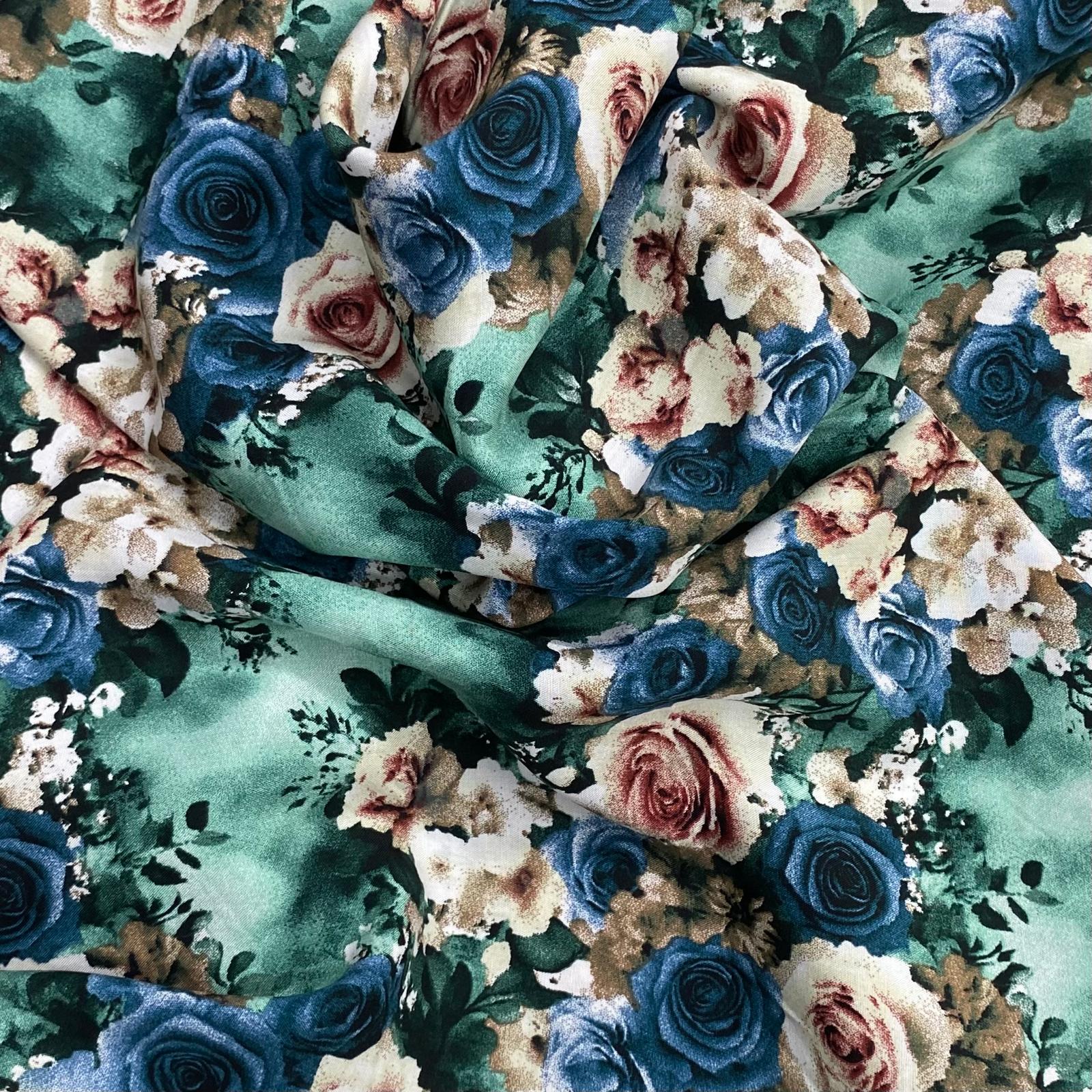 3 Metres, Printed Summer Dressmaking Viscose Fabric - Turquoise & Navy