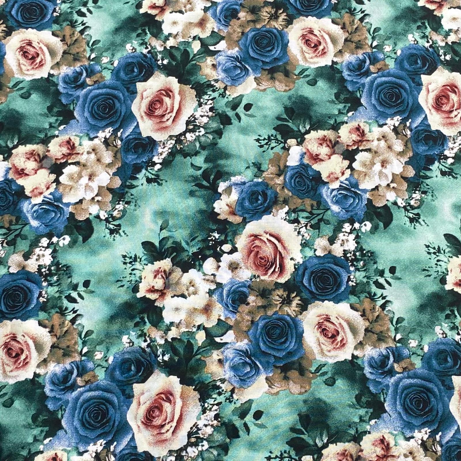 3 Metres, Printed Summer Dressmaking Viscose Fabric - Turquoise & Navy
