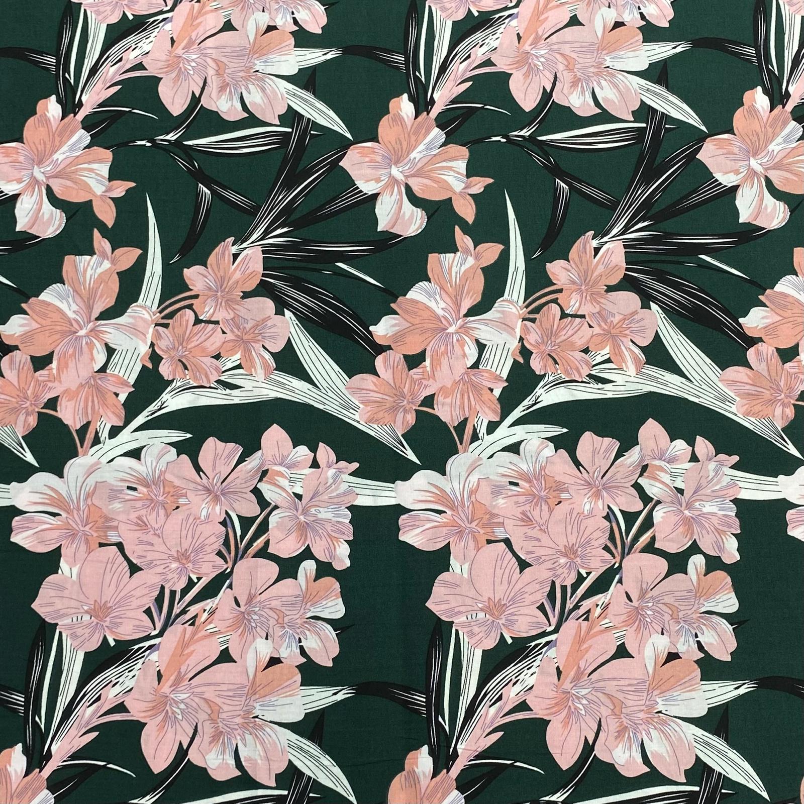 3 Metres, Printed Summer Dressmaking Viscose Fabric - Dark Green Bamboo
