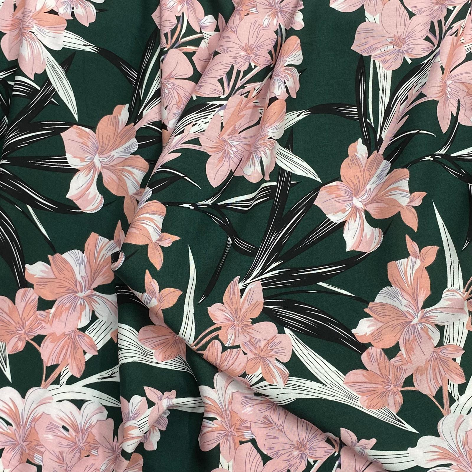 3 Metres, Printed Summer Dressmaking Viscose Fabric - Dark Green Bamboo