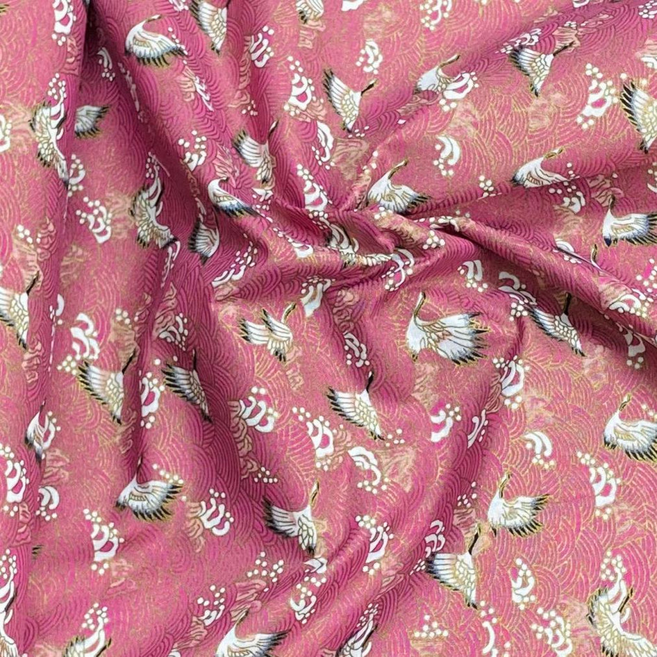 Per Metre Oriental Gold Foil Printed Cotton - 55" Wide (Pink Swan)