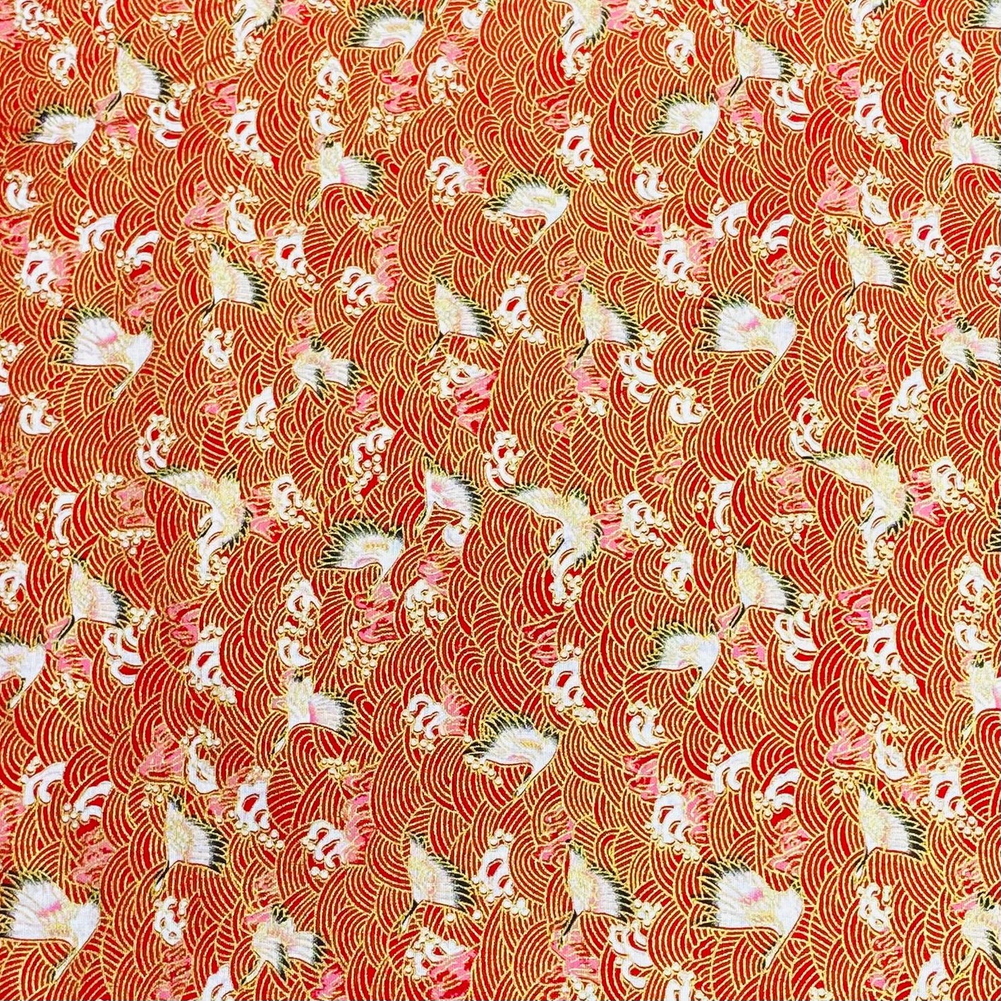 Per Metre Oriental Gold Foil Printed Cotton - 55" Wide (Red Swan)