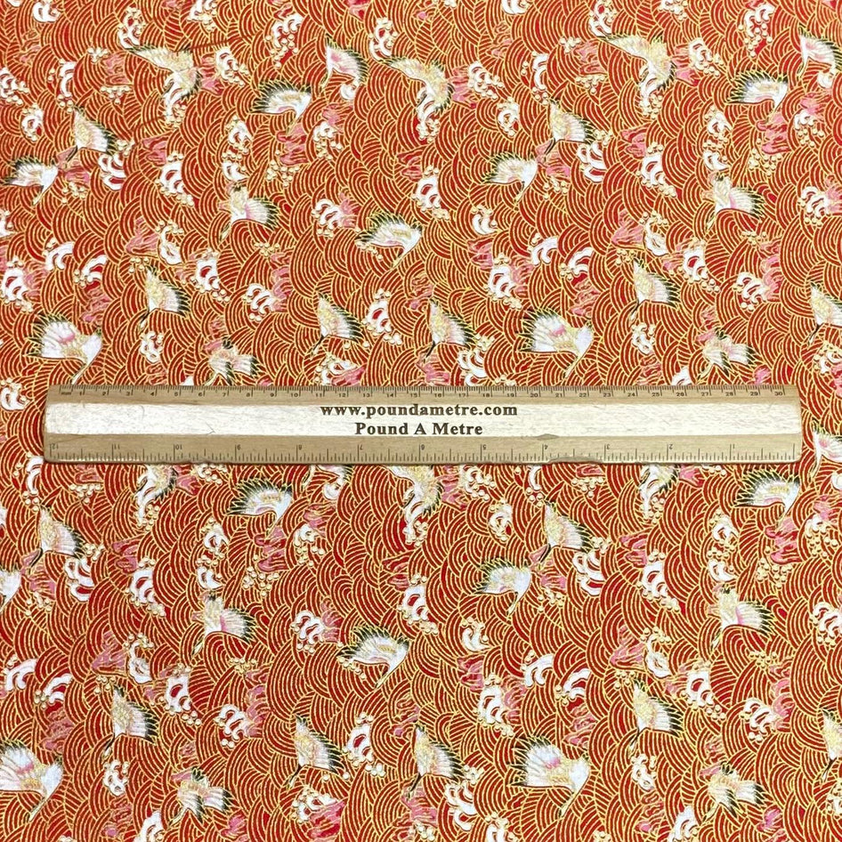 Per Metre Oriental Gold Foil Printed Cotton - 55" Wide (Red Swan)