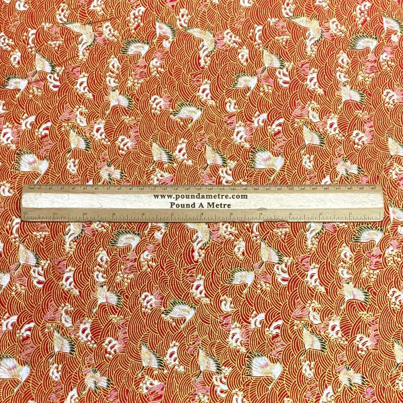 Per Metre Oriental Gold Foil Printed Cotton - 55" Wide (Red Swan)