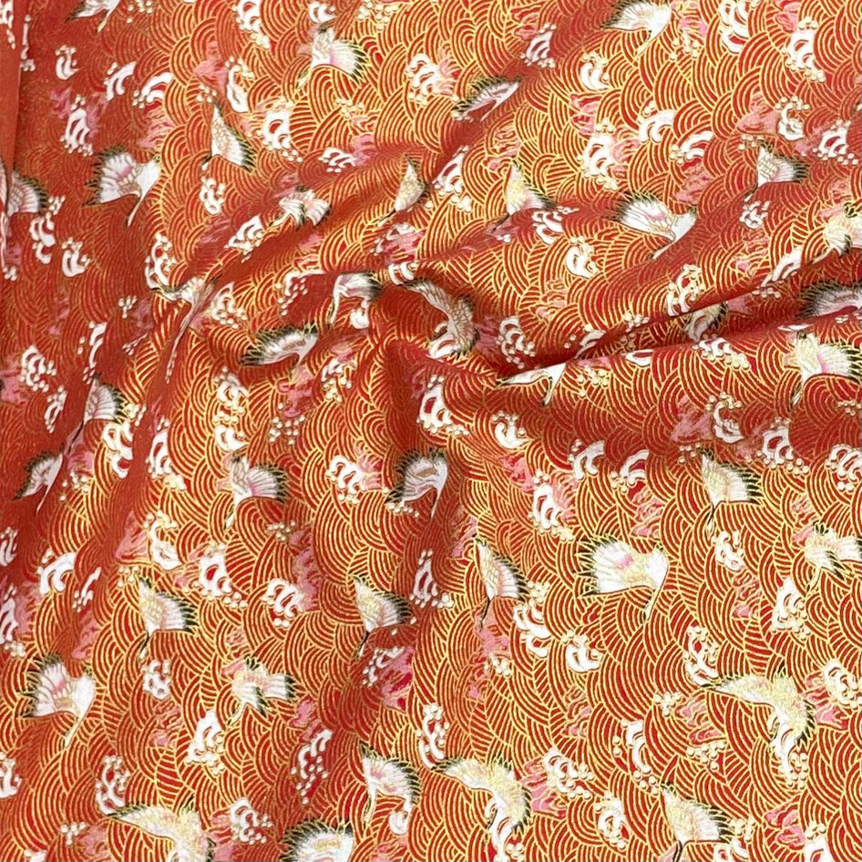 Per Metre Oriental Gold Foil Printed Cotton - 55" Wide (Red Swan)