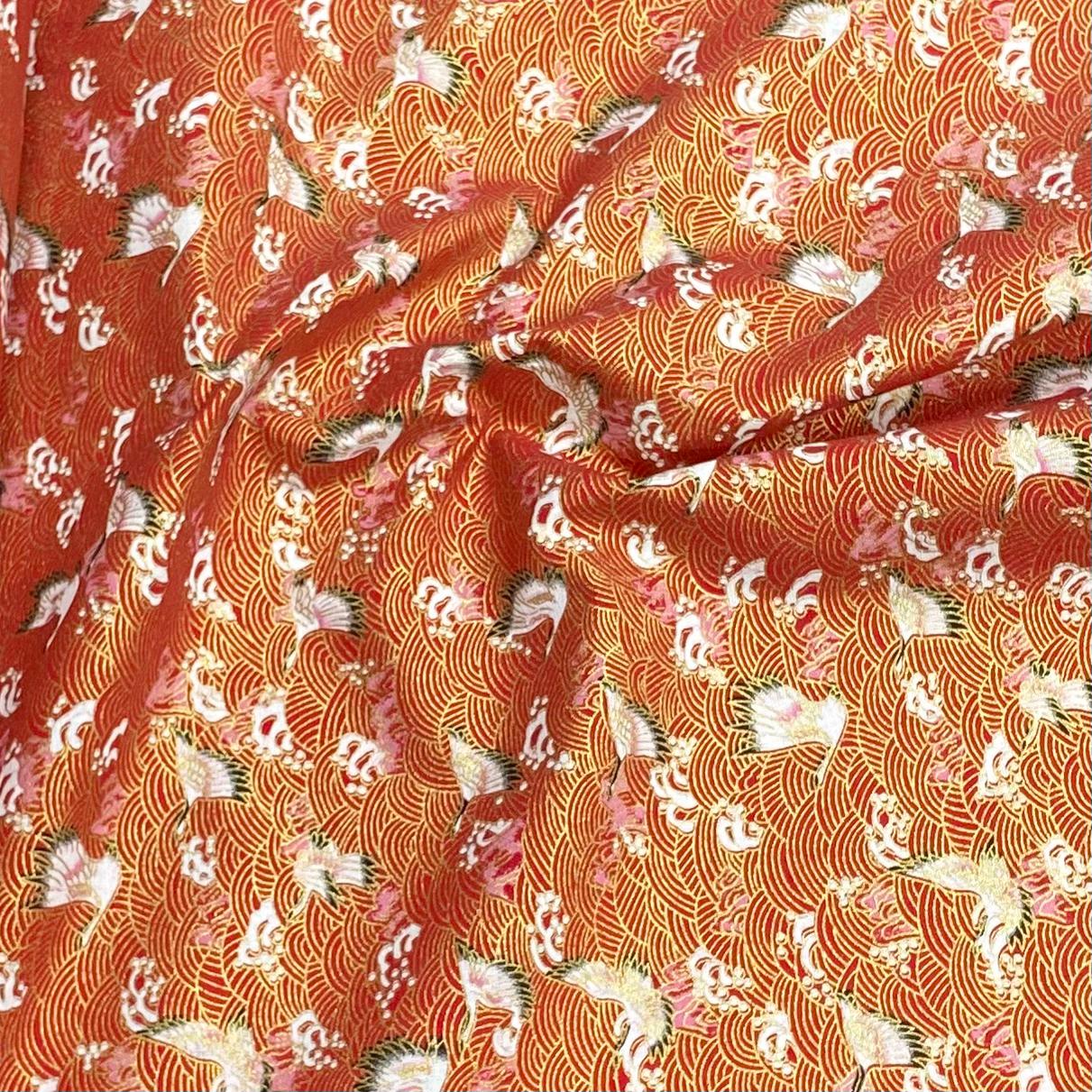 Per Metre Oriental Gold Foil Printed Cotton - 55" Wide (Red Swan)
