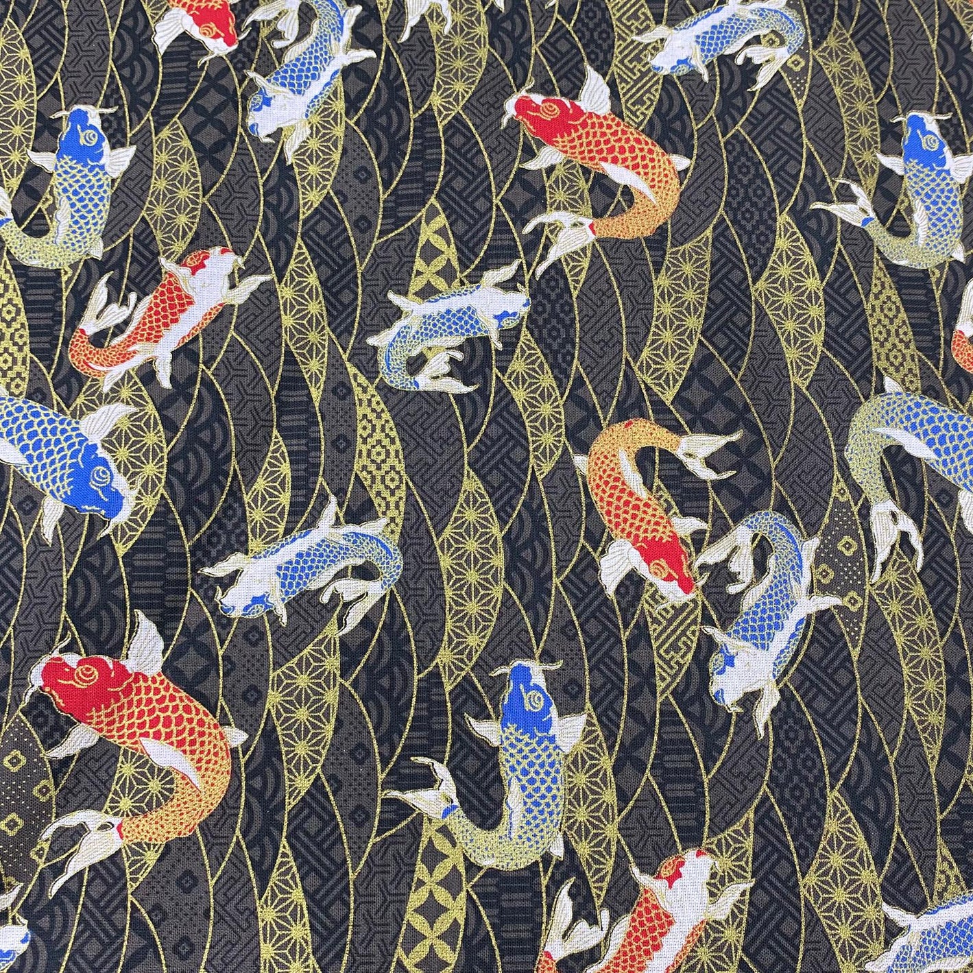 Per Metre Oriental Gold Foil Printed Cotton - 55" Wide (Black Fish)