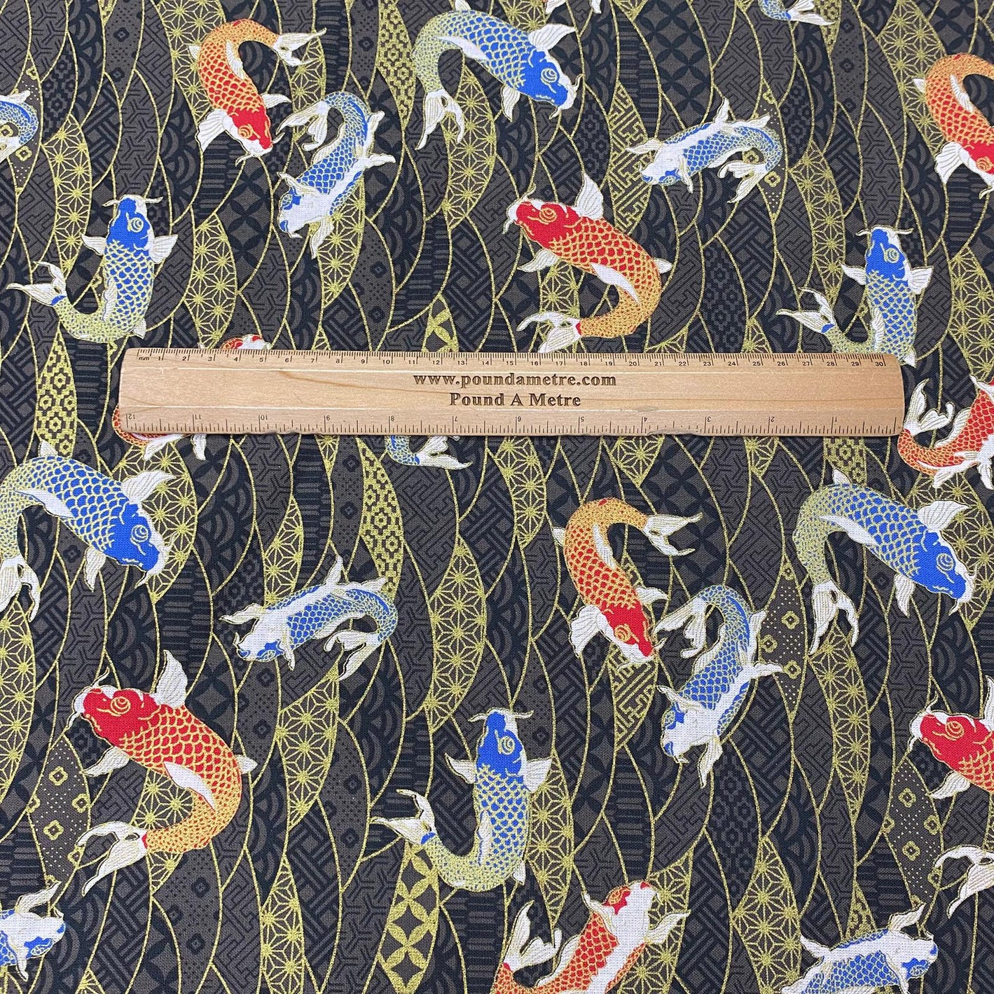 Per Metre Oriental Gold Foil Printed Cotton - 55" Wide (Black Fish)