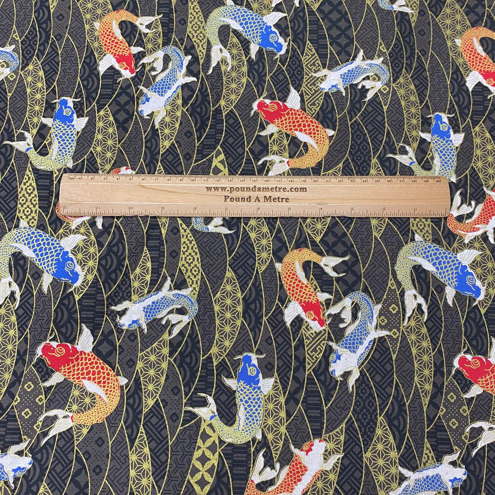 Per Metre Oriental Gold Foil Printed Cotton - 55" Wide (Black Fish)