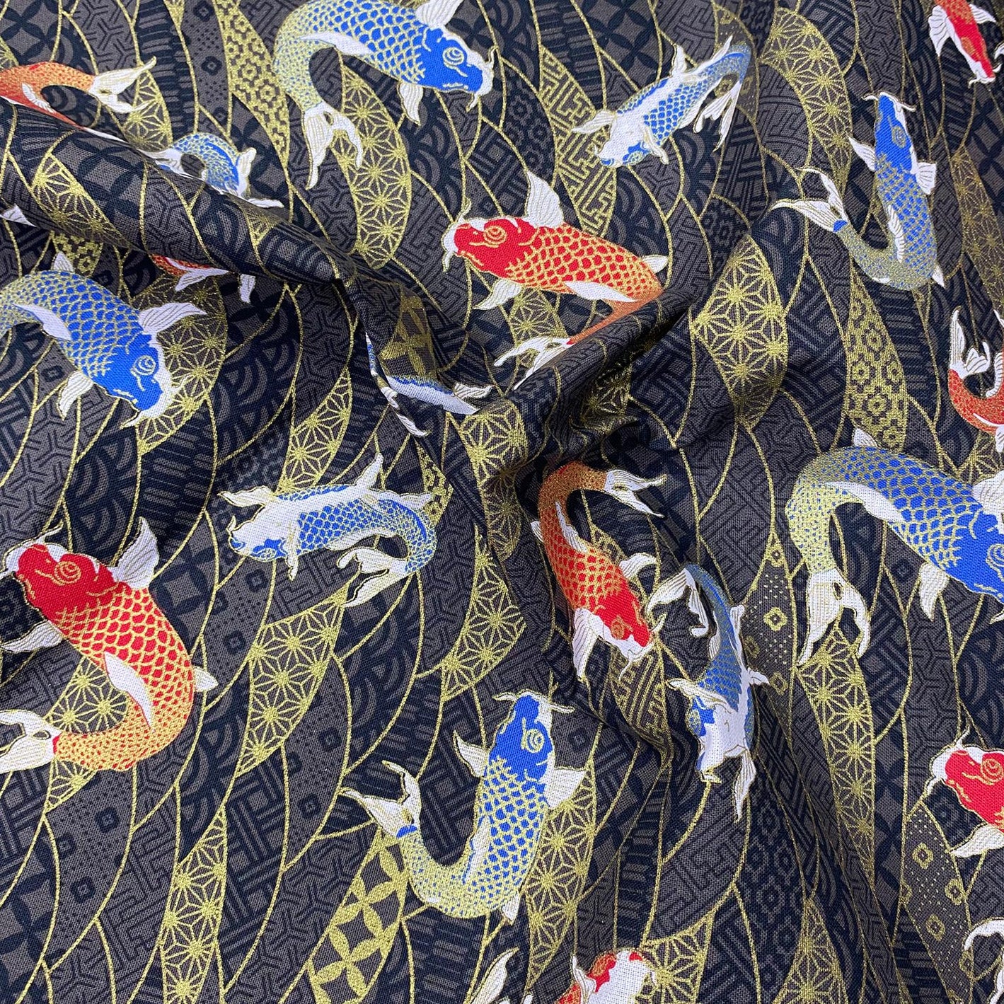 Per Metre Oriental Gold Foil Printed Cotton - 55" Wide (Black Fish)