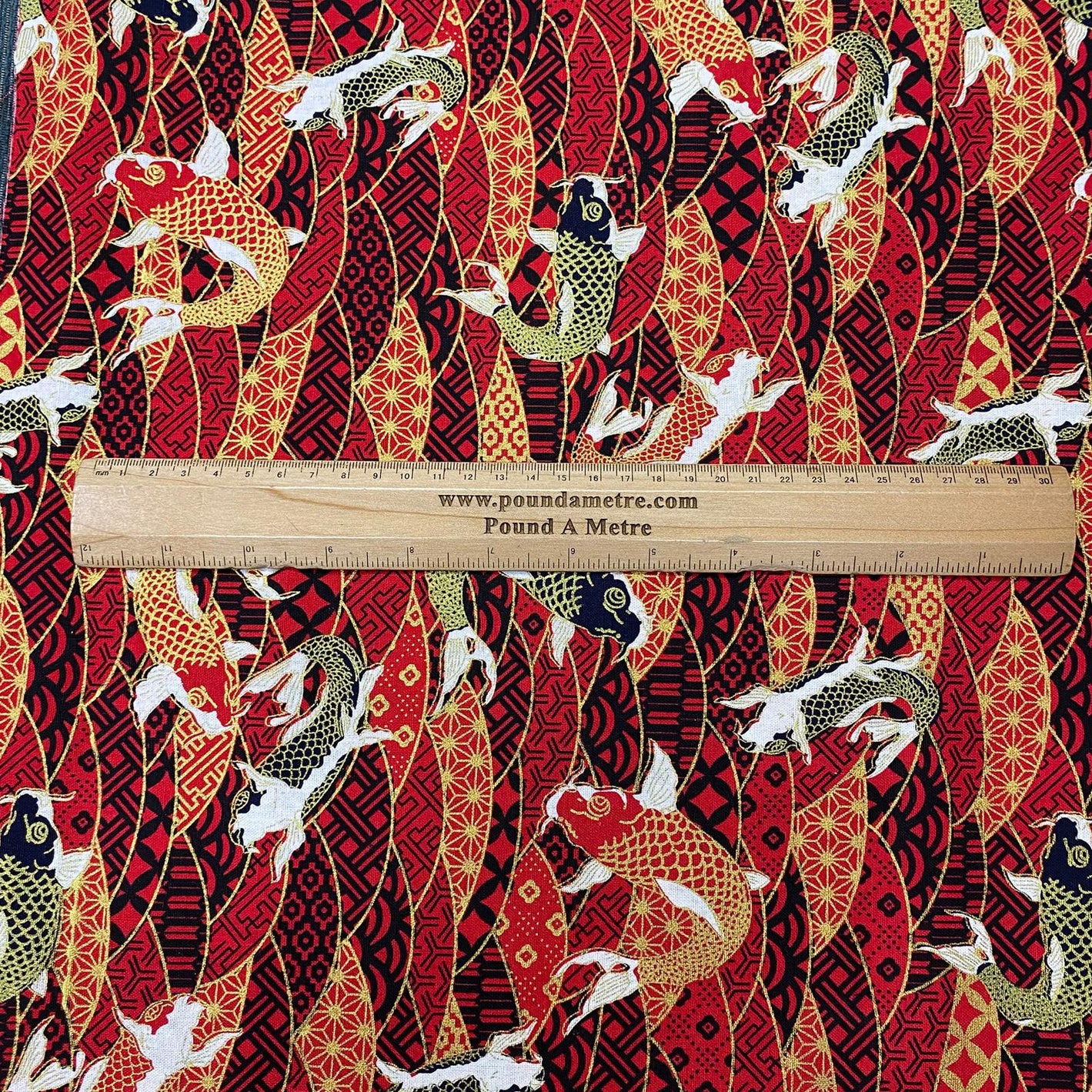 Per Metre Oriental Gold Foil Printed Cotton - 55" Wide (Red Fish)