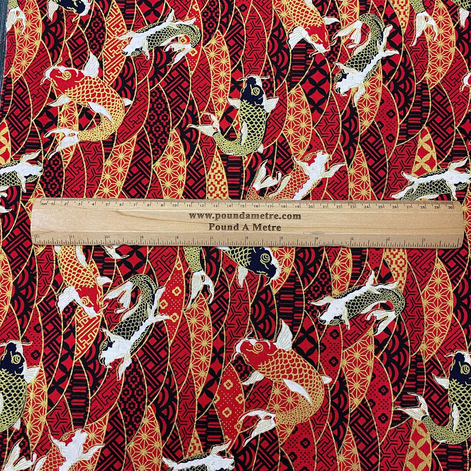 Per Metre Oriental Gold Foil Printed Cotton - 55" Wide (Red Fish)