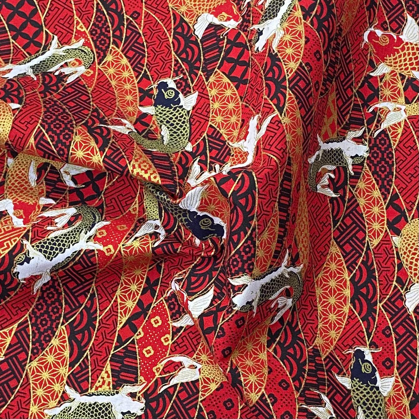 Per Metre Oriental Gold Foil Printed Cotton - 55" Wide (Red Fish)