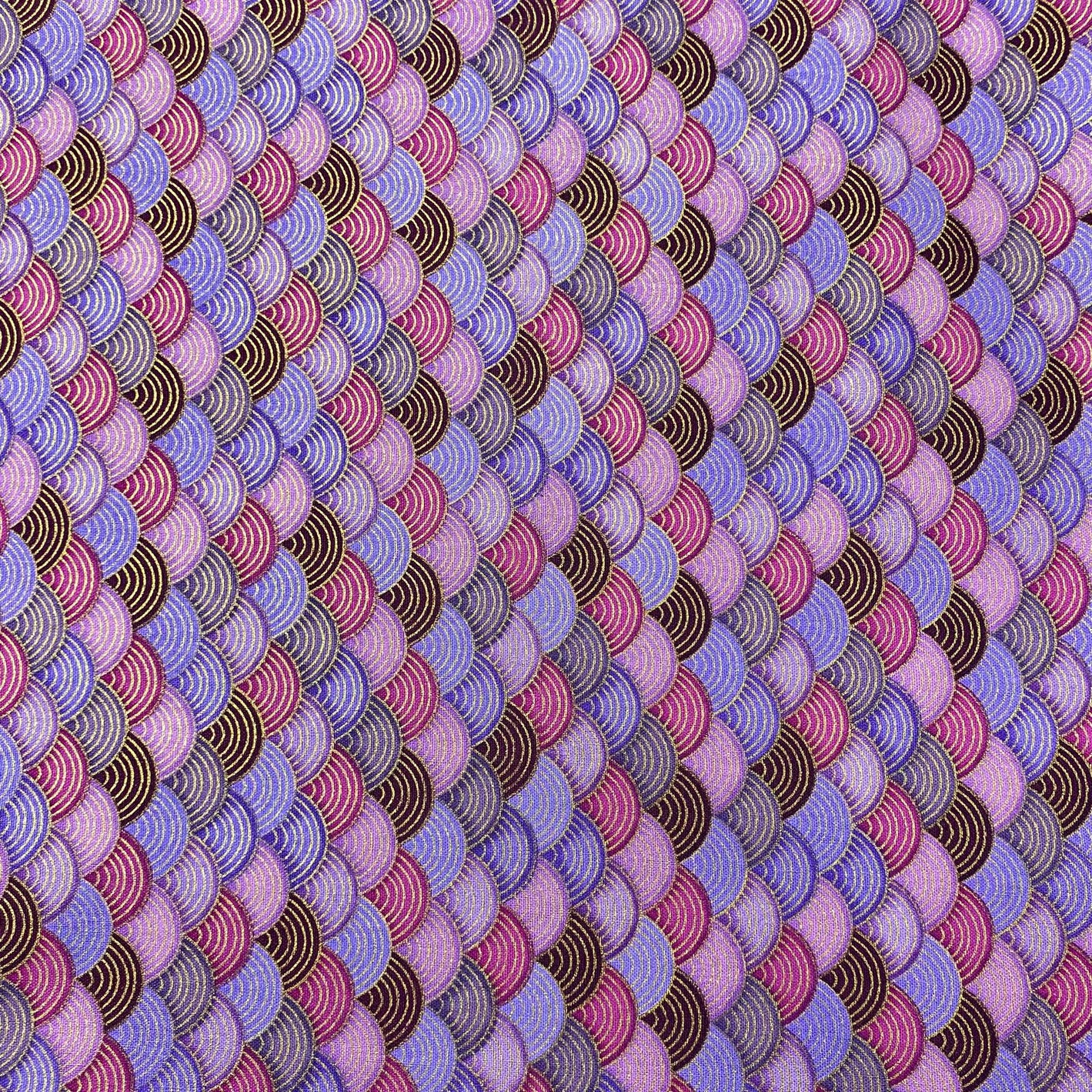 Per Metre Oriental Gold Foil Printed Cotton - 55" Wide (Purple Waves)