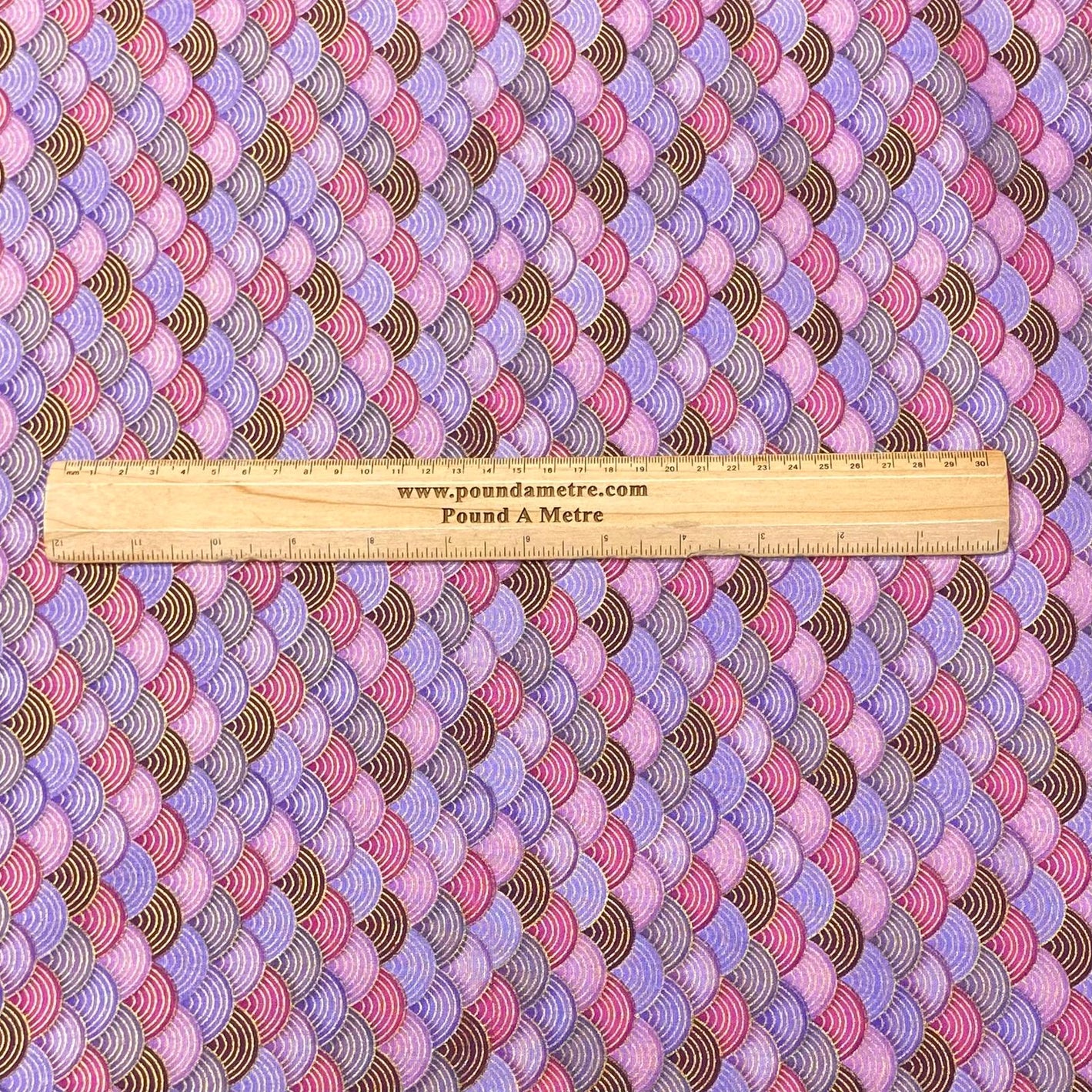 Per Metre Oriental Gold Foil Printed Cotton - 55" Wide (Purple Waves)