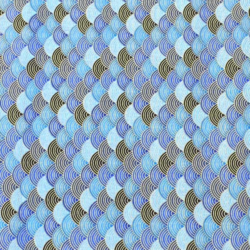 Per Metre Oriental Gold Foil Printed Cotton - 55" Wide (Blue Waves)