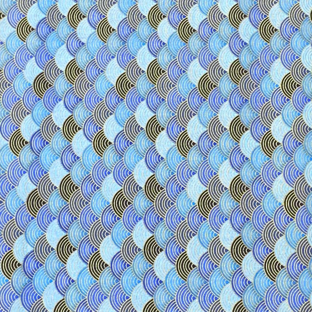 Per Metre Oriental Gold Foil Printed Cotton - 55" Wide (Blue Waves)