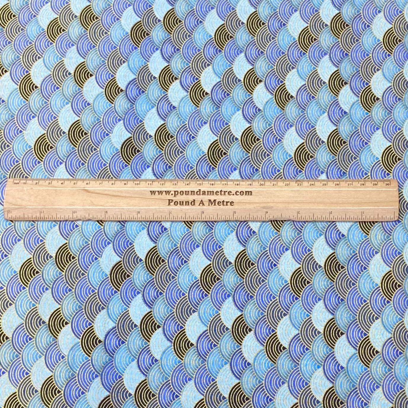 Per Metre Oriental Gold Foil Printed Cotton - 55" Wide (Blue Waves)