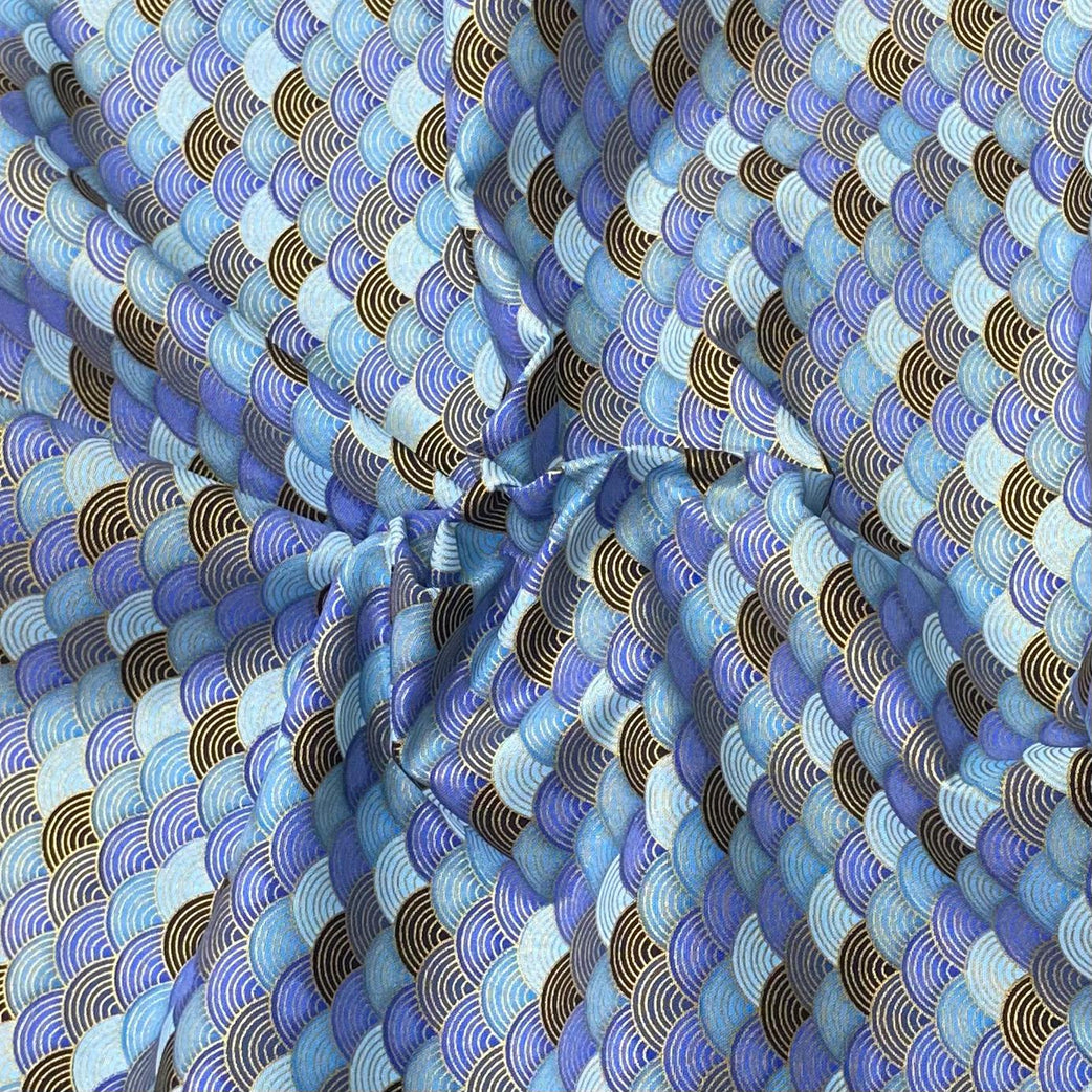 Per Metre Oriental Gold Foil Printed Cotton - 55" Wide (Blue Waves)