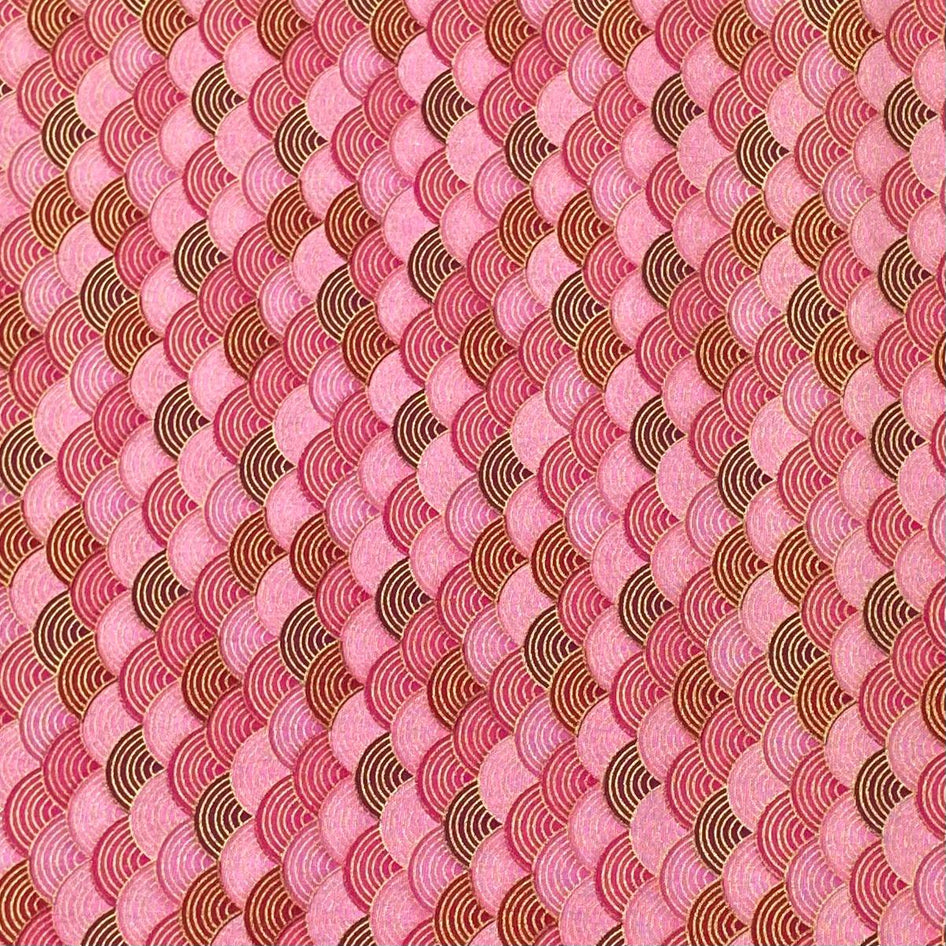 Per Metre Oriental Gold Foil Printed Cotton - 55" Wide (Pink Waves)