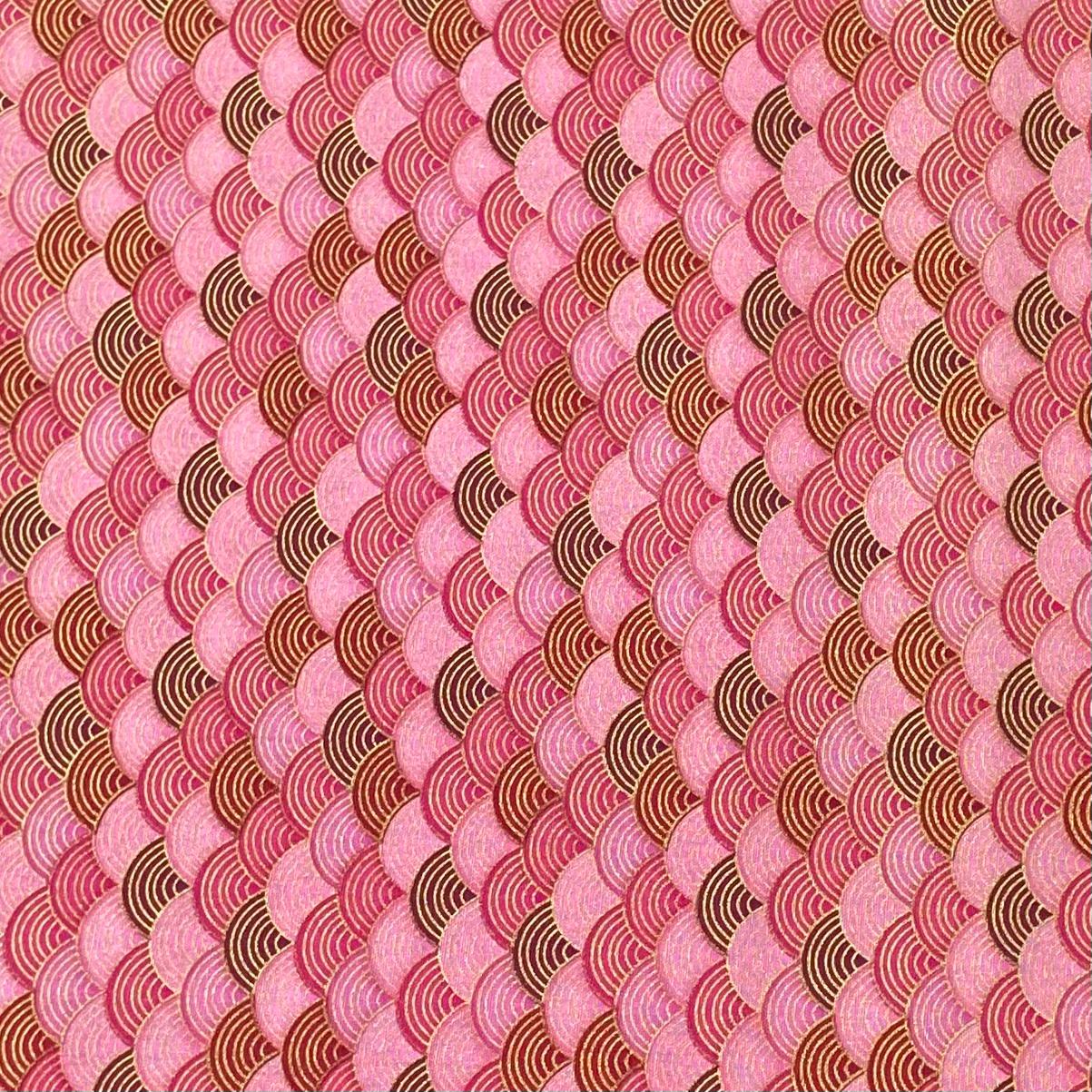 Per Metre Oriental Gold Foil Printed Cotton - 55" Wide (Pink Waves)