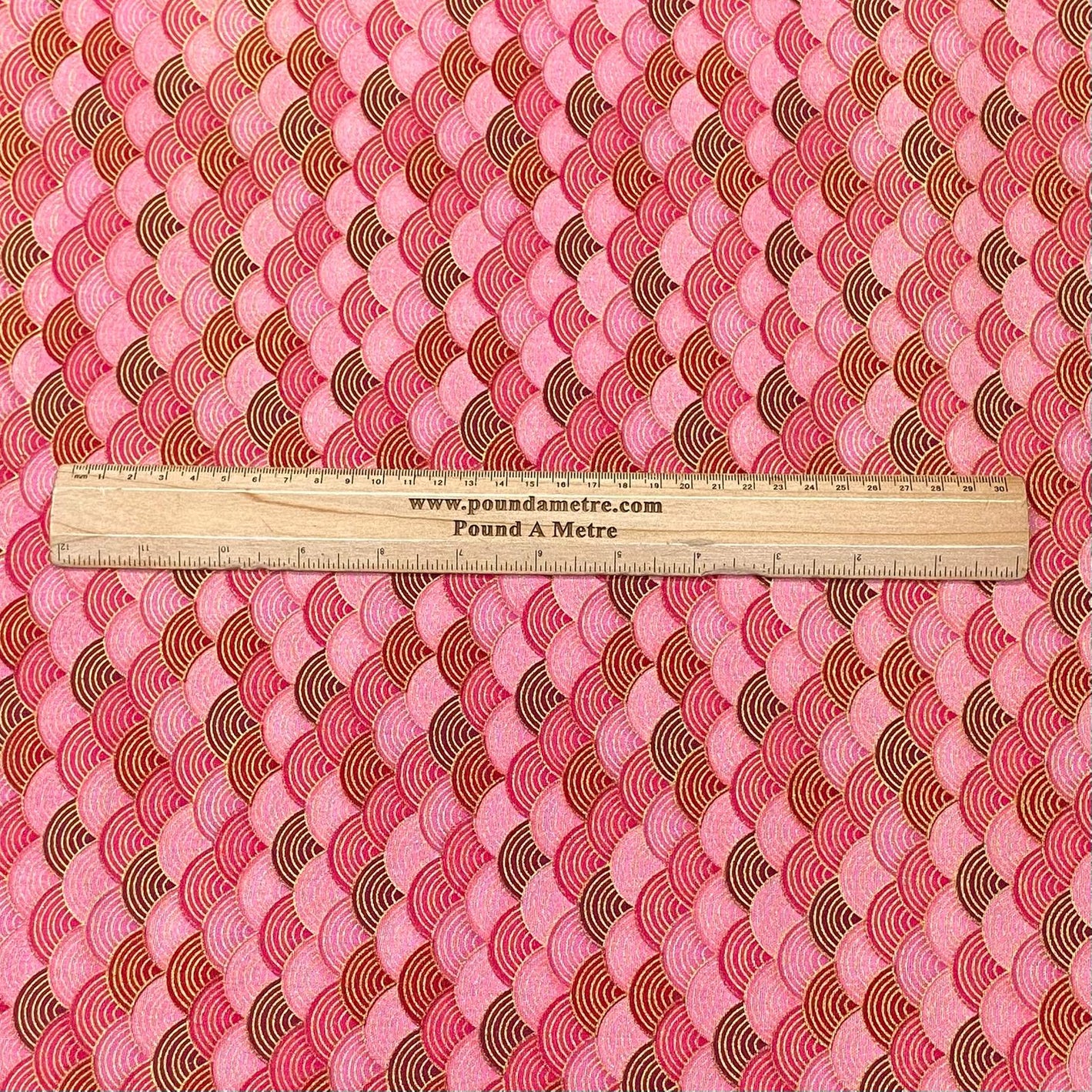 Per Metre Oriental Gold Foil Printed Cotton - 55" Wide (Pink Waves)