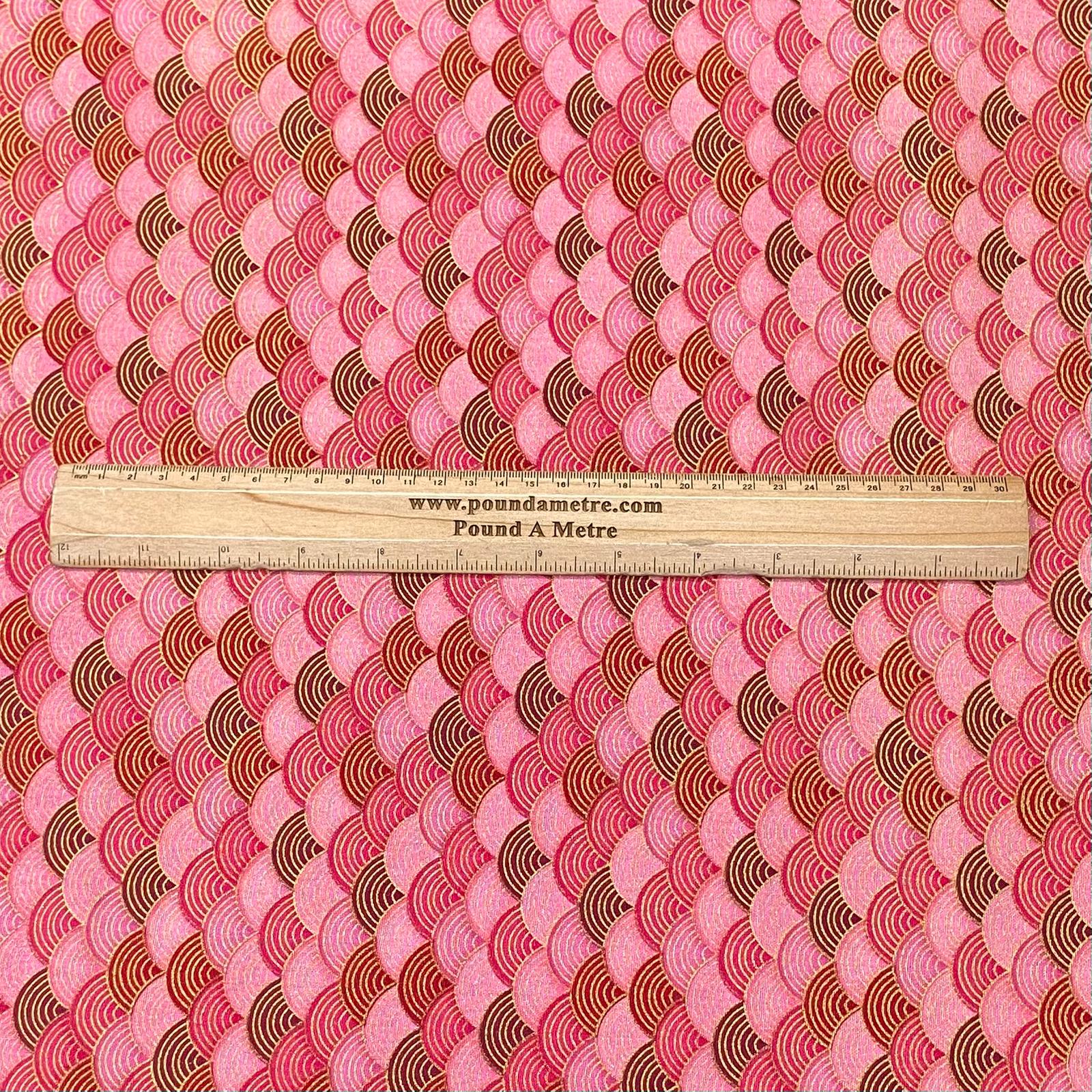 Per Metre Oriental Gold Foil Printed Cotton - 55" Wide (Pink Waves)