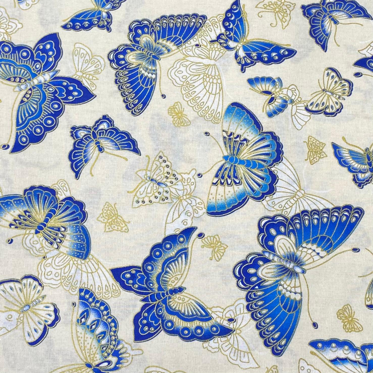 Per Metre Oriental Gold Foil Printed Cotton - 55" Wide (Ivory Butterfly)