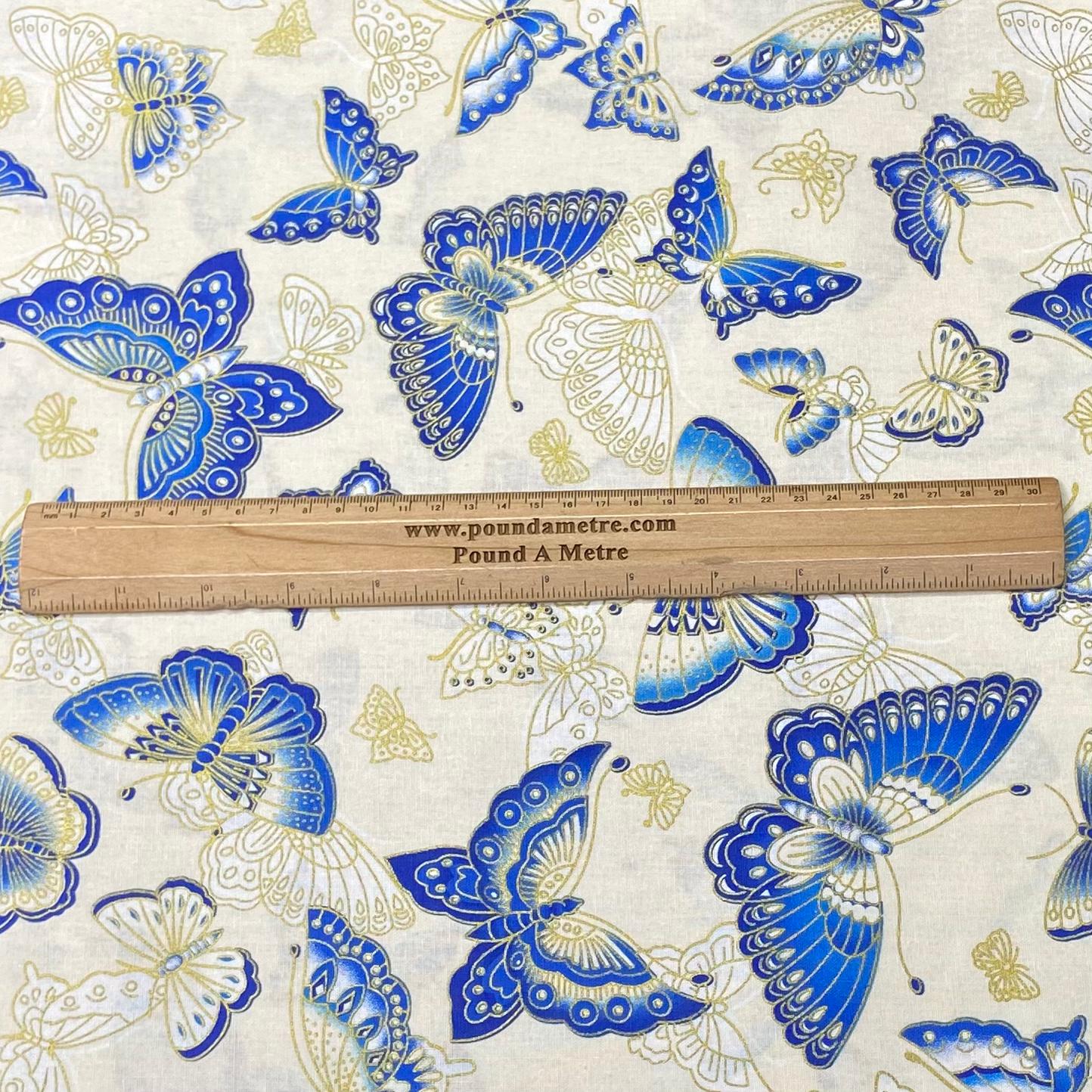 Per Metre Oriental Gold Foil Printed Cotton - 55" Wide (Ivory Butterfly)