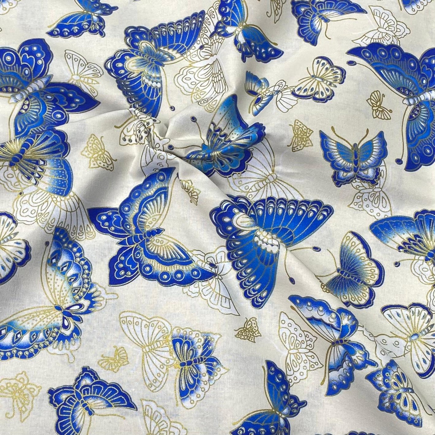 Per Metre Oriental Gold Foil Printed Cotton - 55" Wide (Ivory Butterfly)
