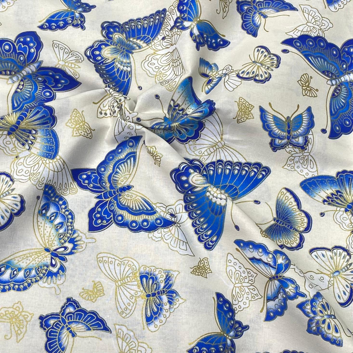 Per Metre Oriental Gold Foil Printed Cotton - 55" Wide (Ivory Butterfly)