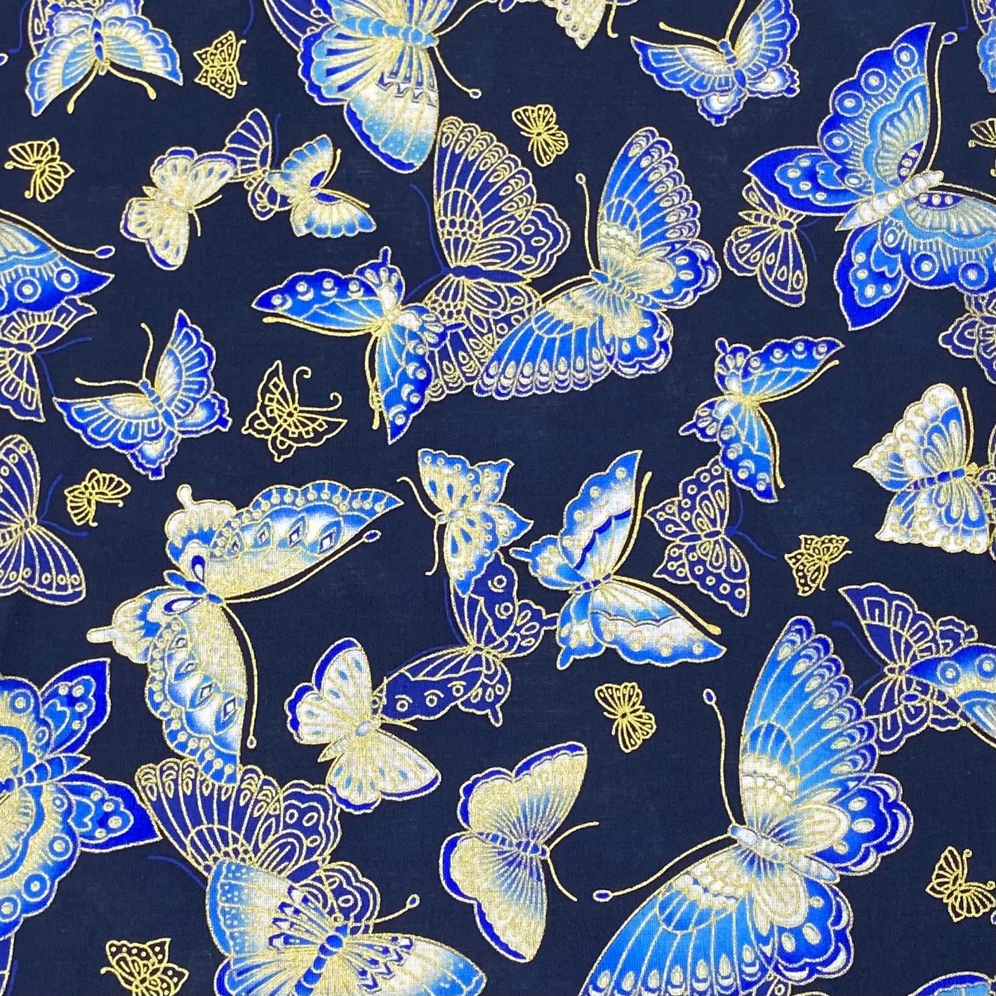 Per Metre Oriental Gold Foil Printed Cotton - 55" Wide (Navy Butterfly)