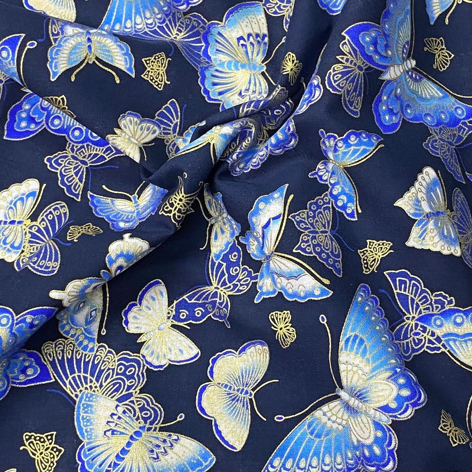 Per Metre Oriental Gold Foil Printed Cotton - 55" Wide (Navy Butterfly)